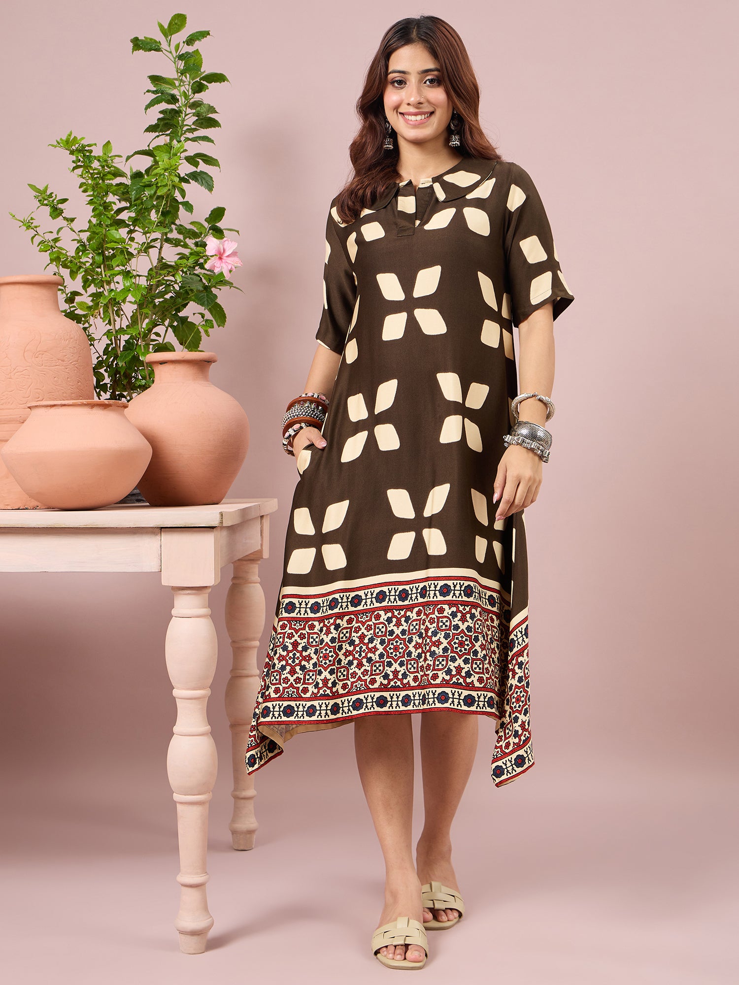 Olive Abstract Printed Border Dress
