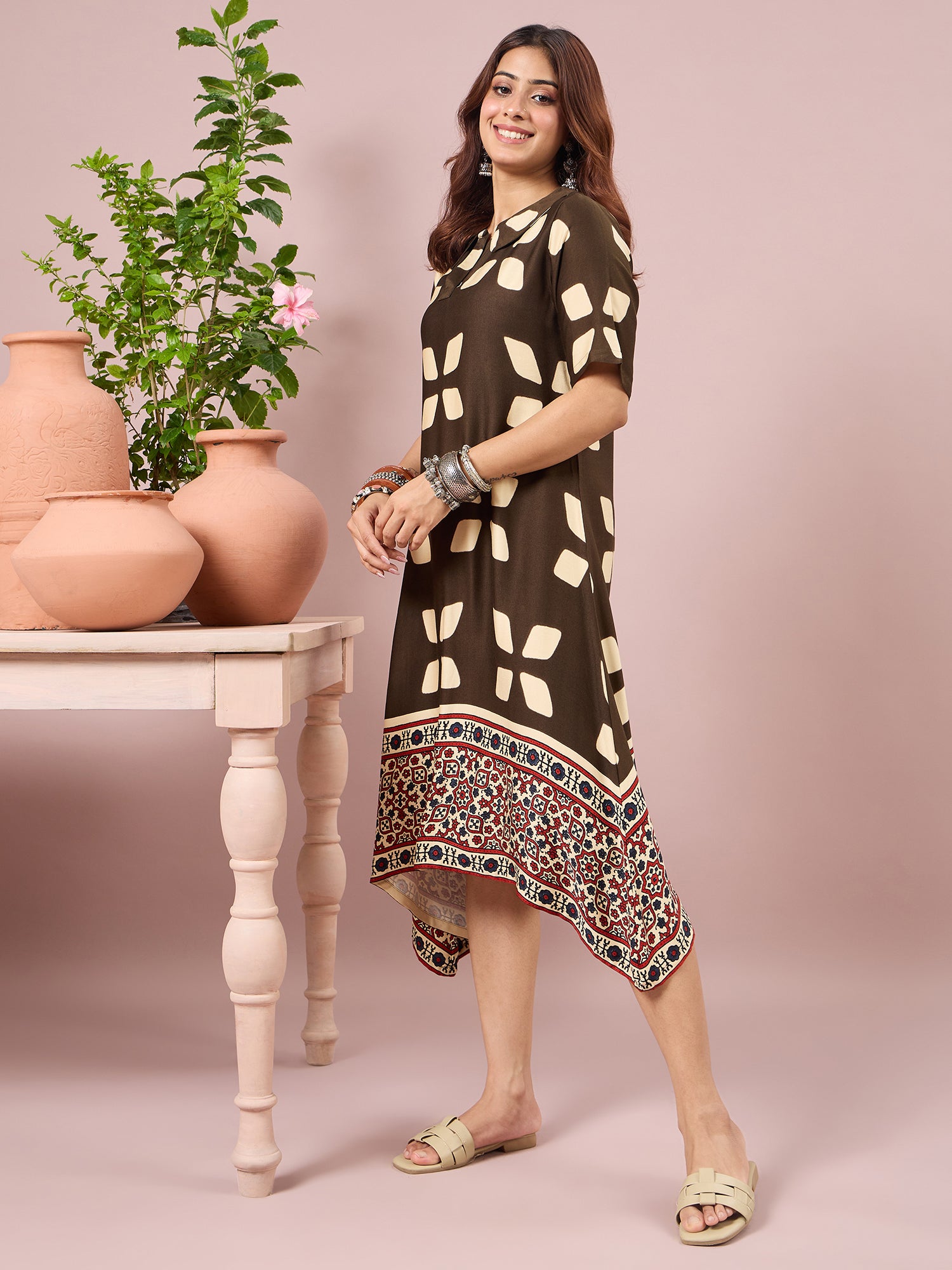 Olive Abstract Printed Border Dress