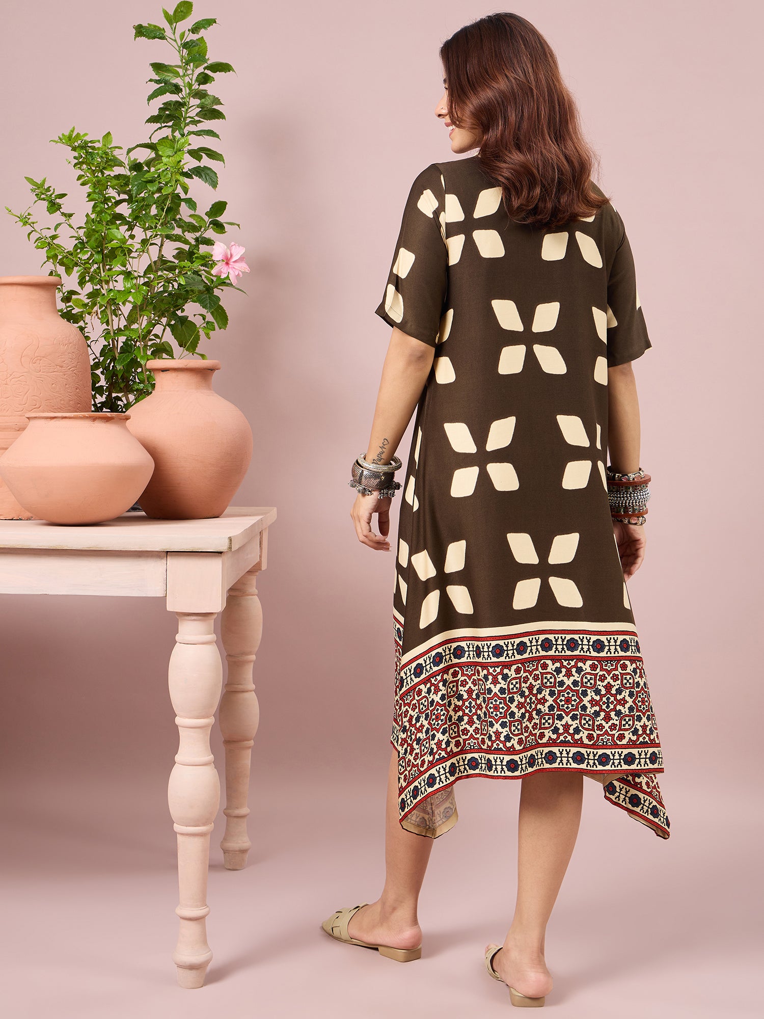 Olive Abstract Printed Border Dress
