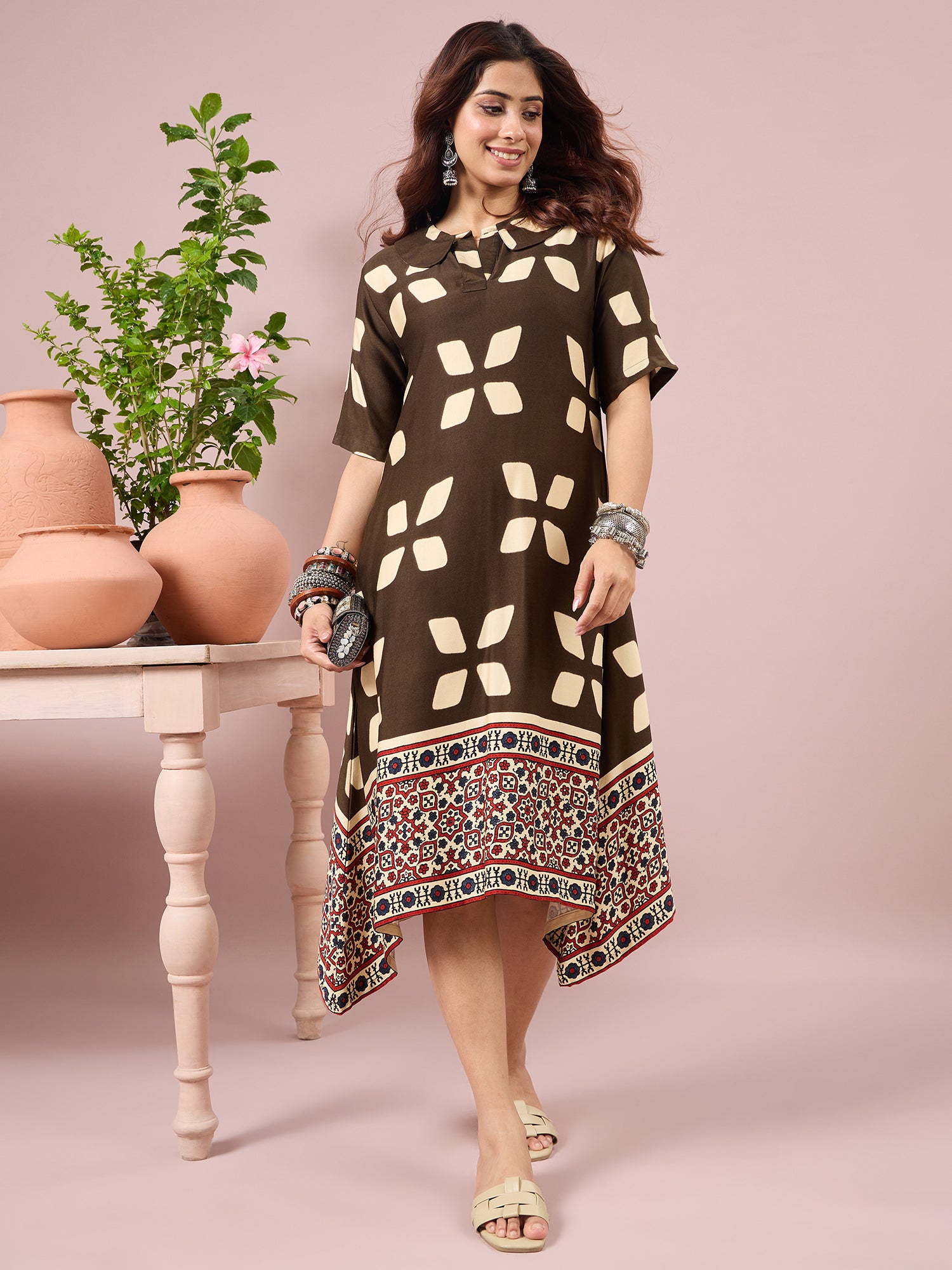 Olive Abstract Printed Border Dress