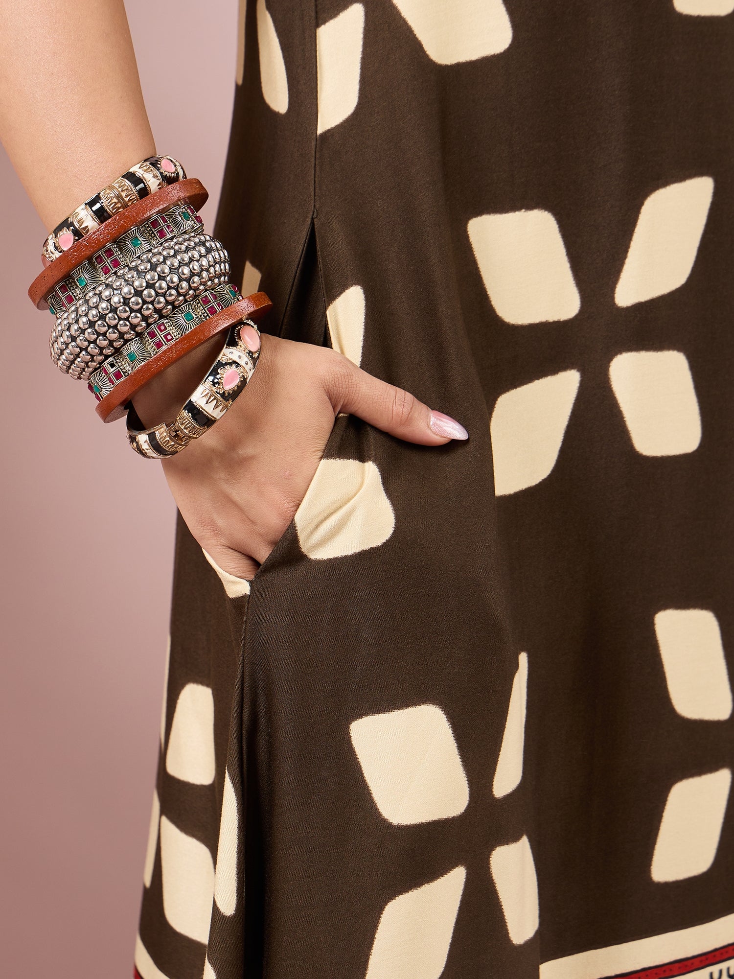 Olive Abstract Printed Border Dress
