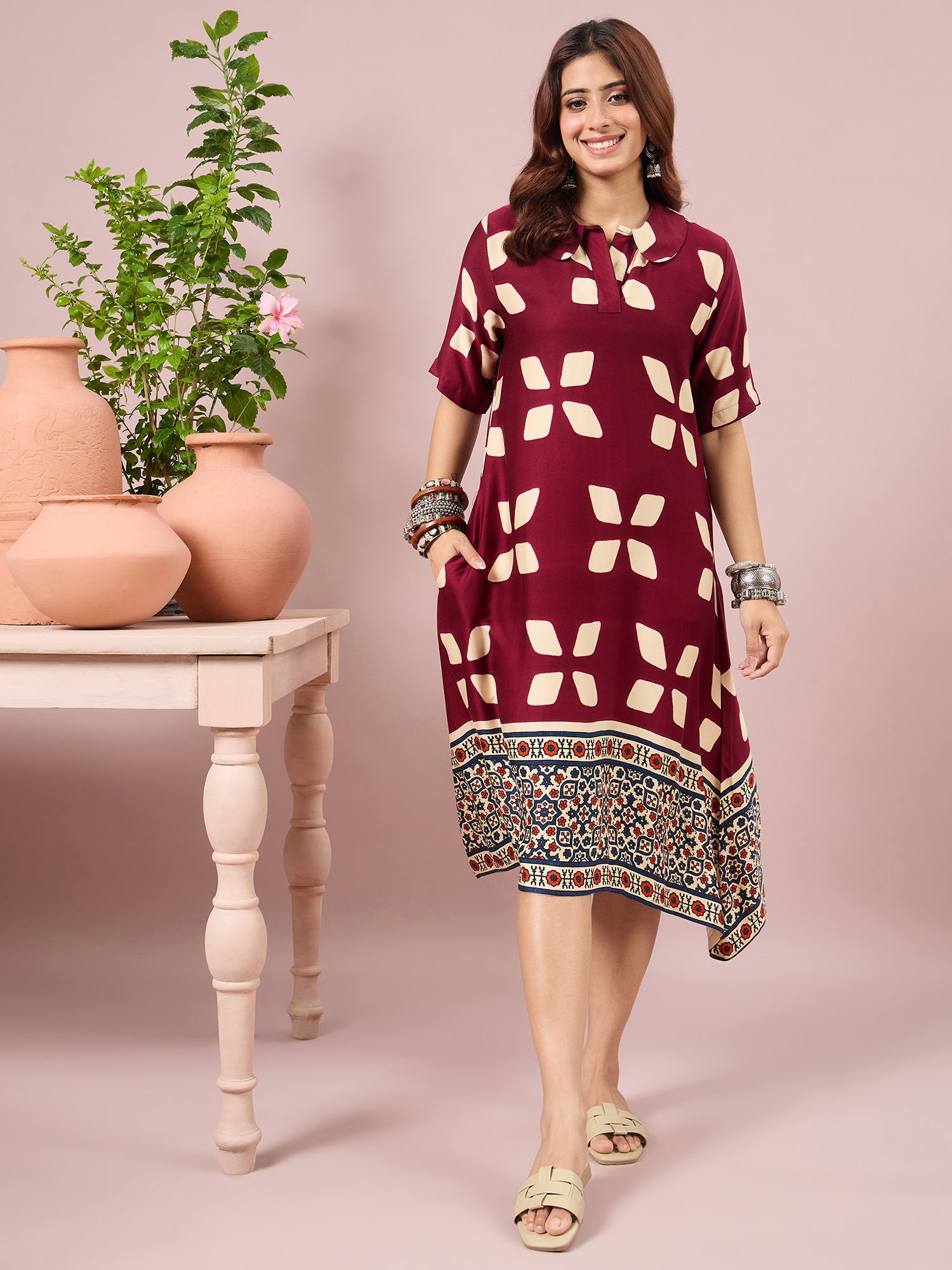 Wine Abstract Printed Border Dress