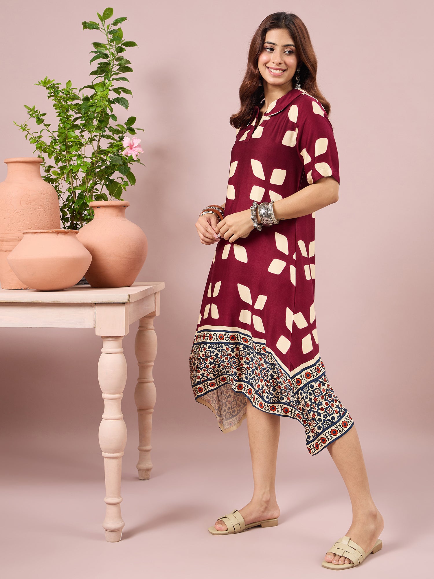 Wine Abstract Printed Border Dress