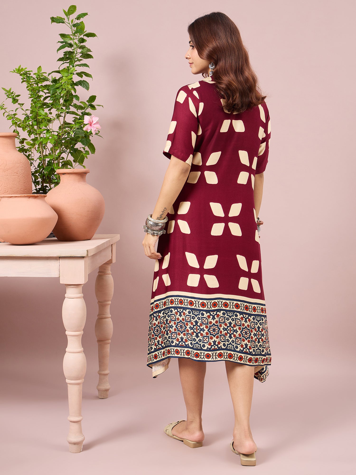 Wine Abstract Printed Border Dress