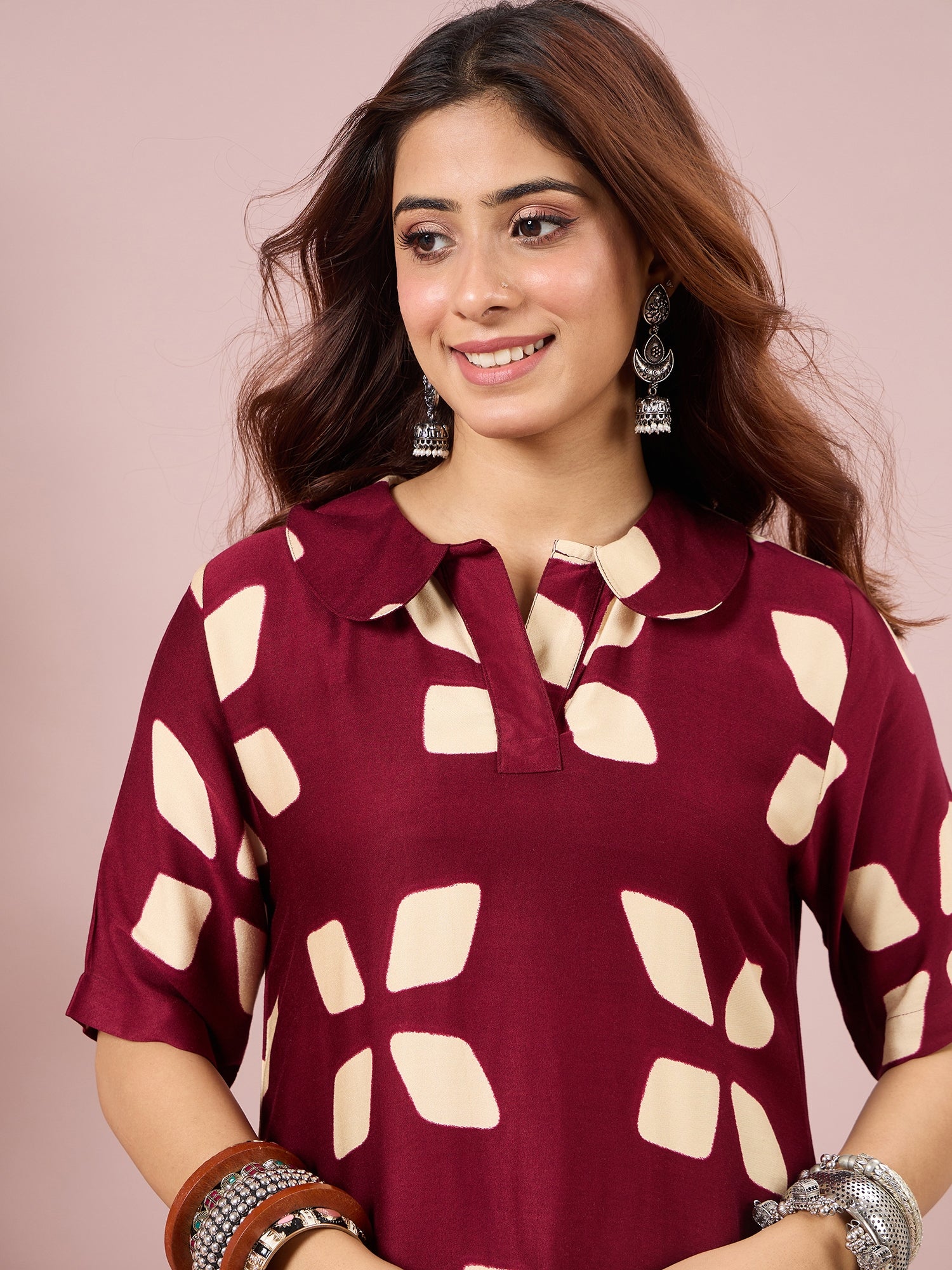 Wine Abstract Printed Border Dress