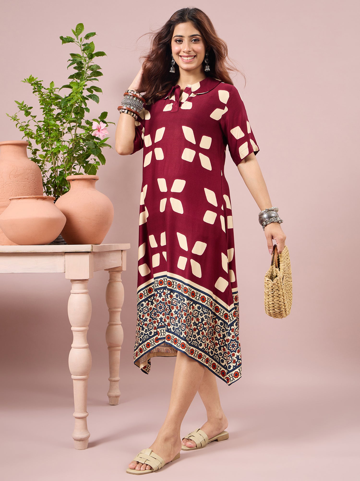 Wine Abstract Printed Border Dress