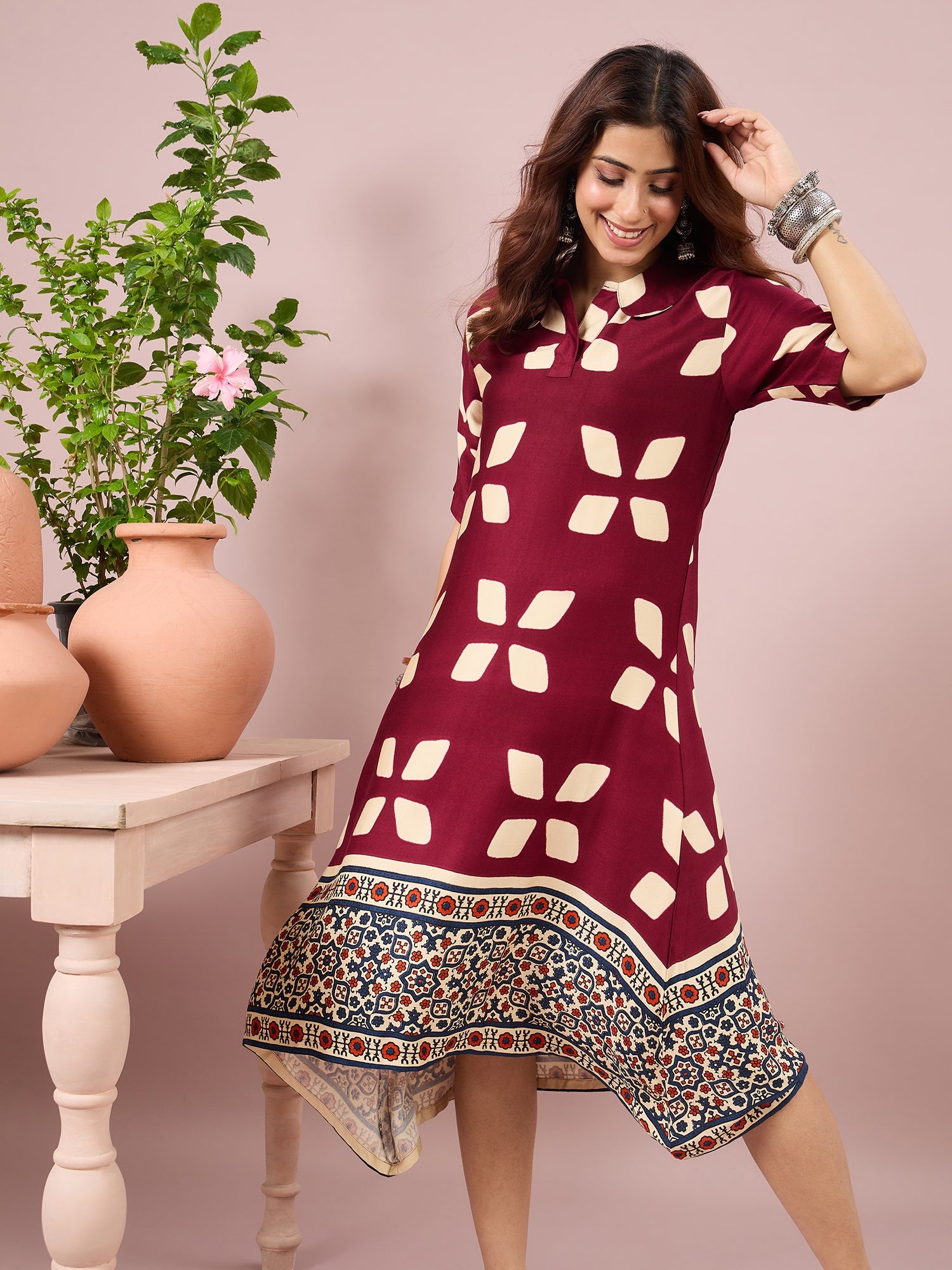 Wine Abstract Printed Border Dress