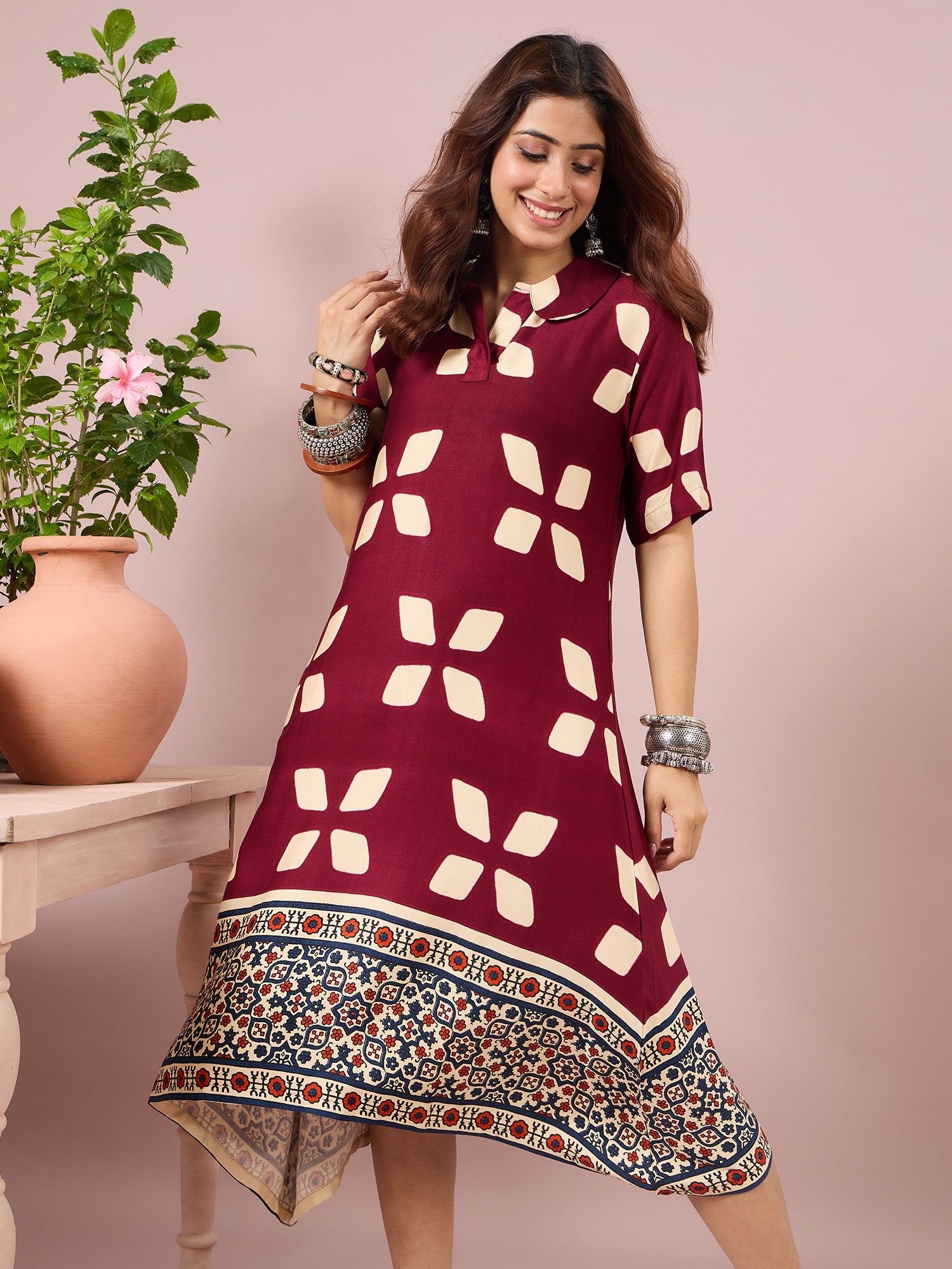 Wine Abstract Printed Border Dress