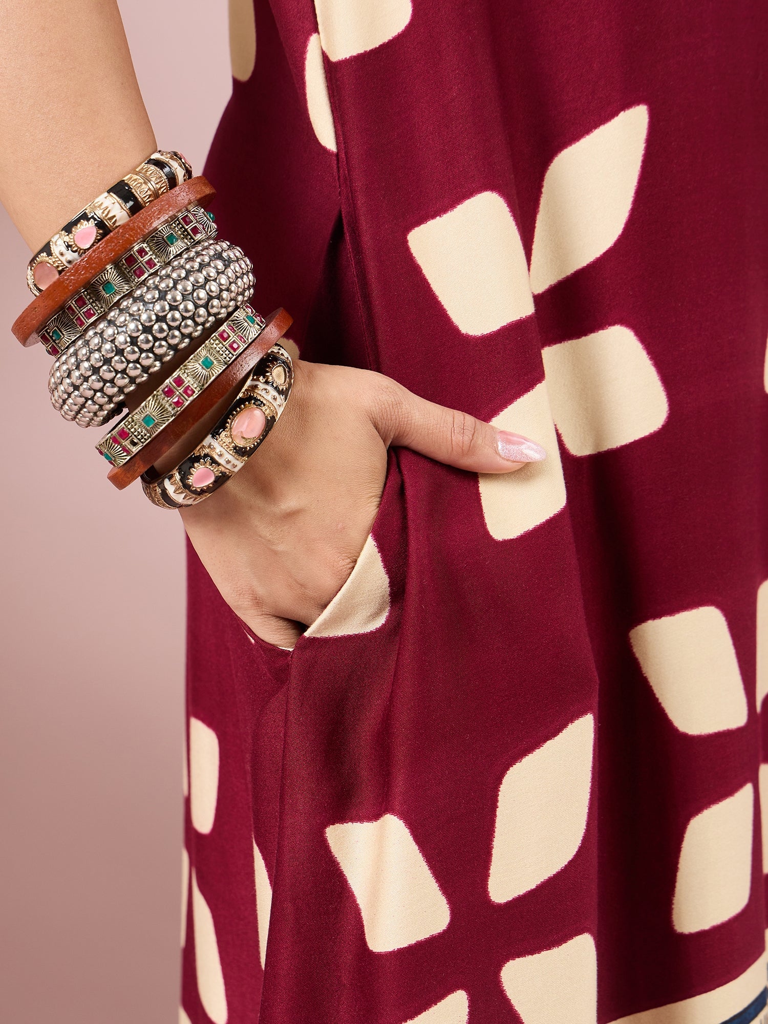 Wine Abstract Printed Border Dress
