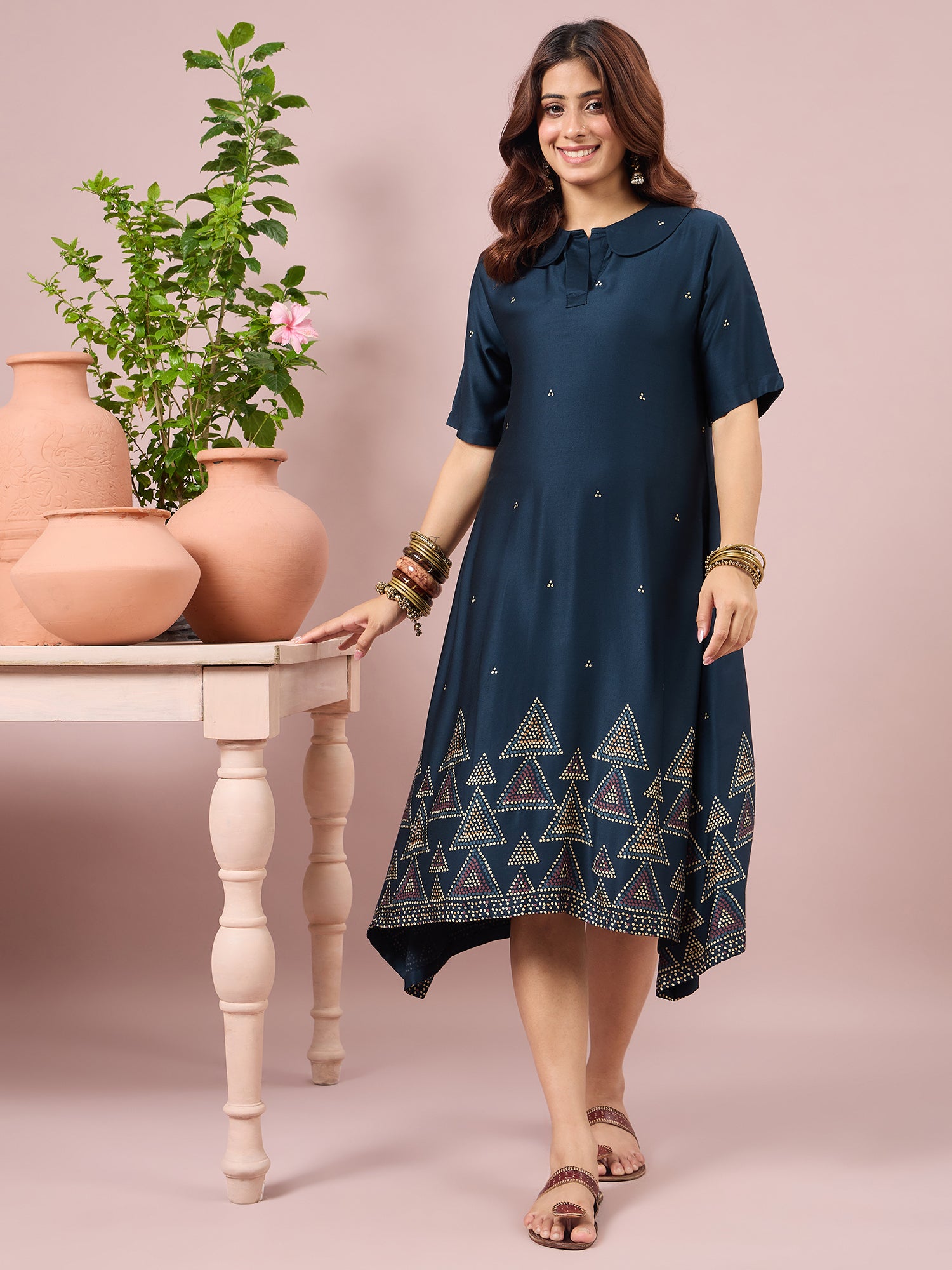Teal Dot Border Peter Pan Collar Dress