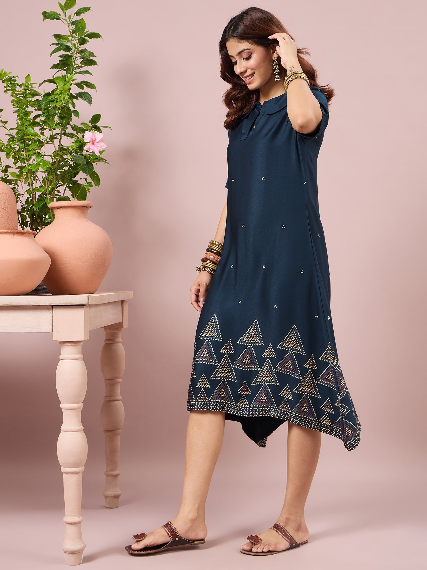 Teal Dot Border Peter Pan Collar Dress