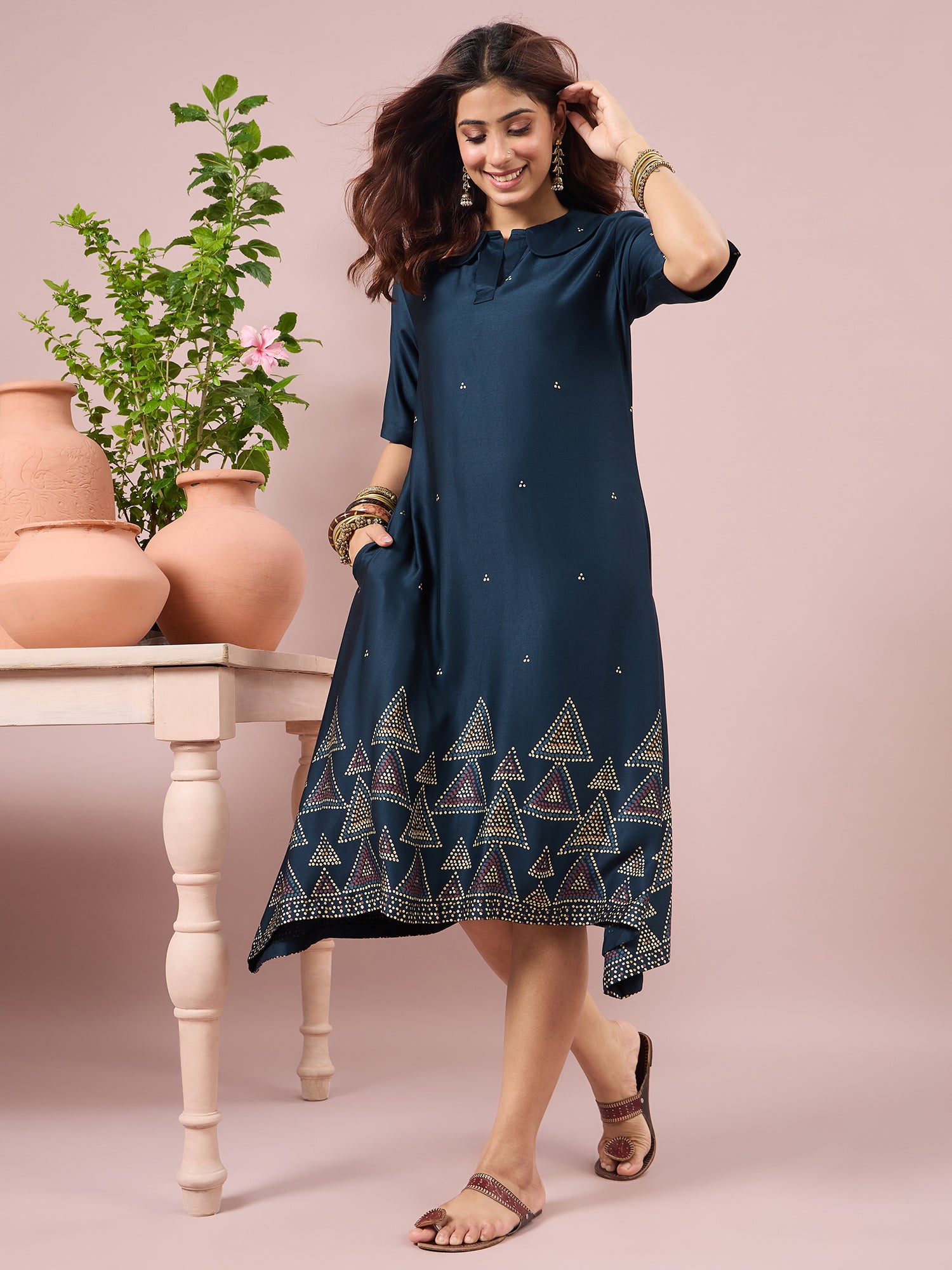 Teal Dot Border Peter Pan Collar Dress