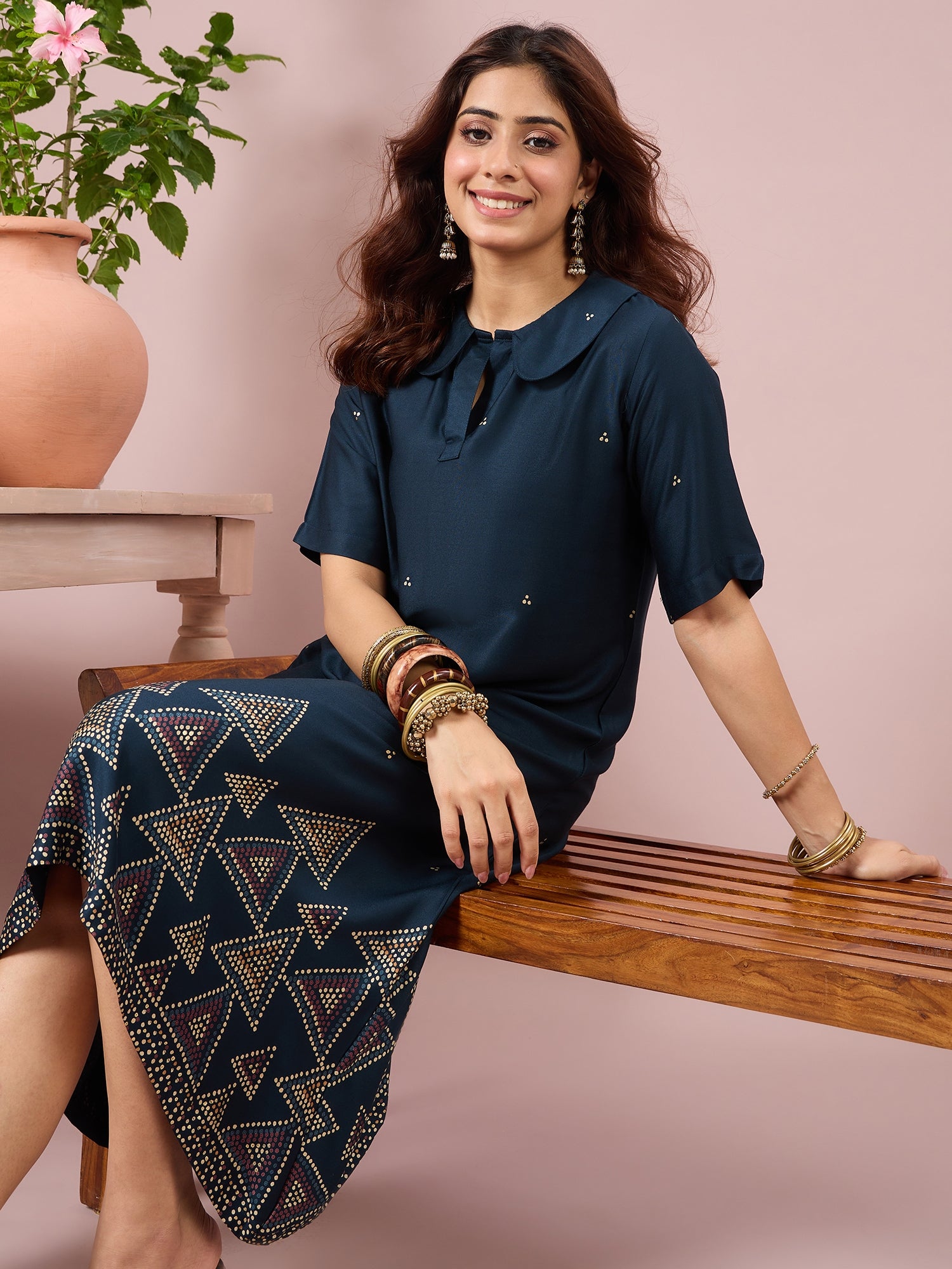 Teal Dot Border Peter Pan Collar Dress