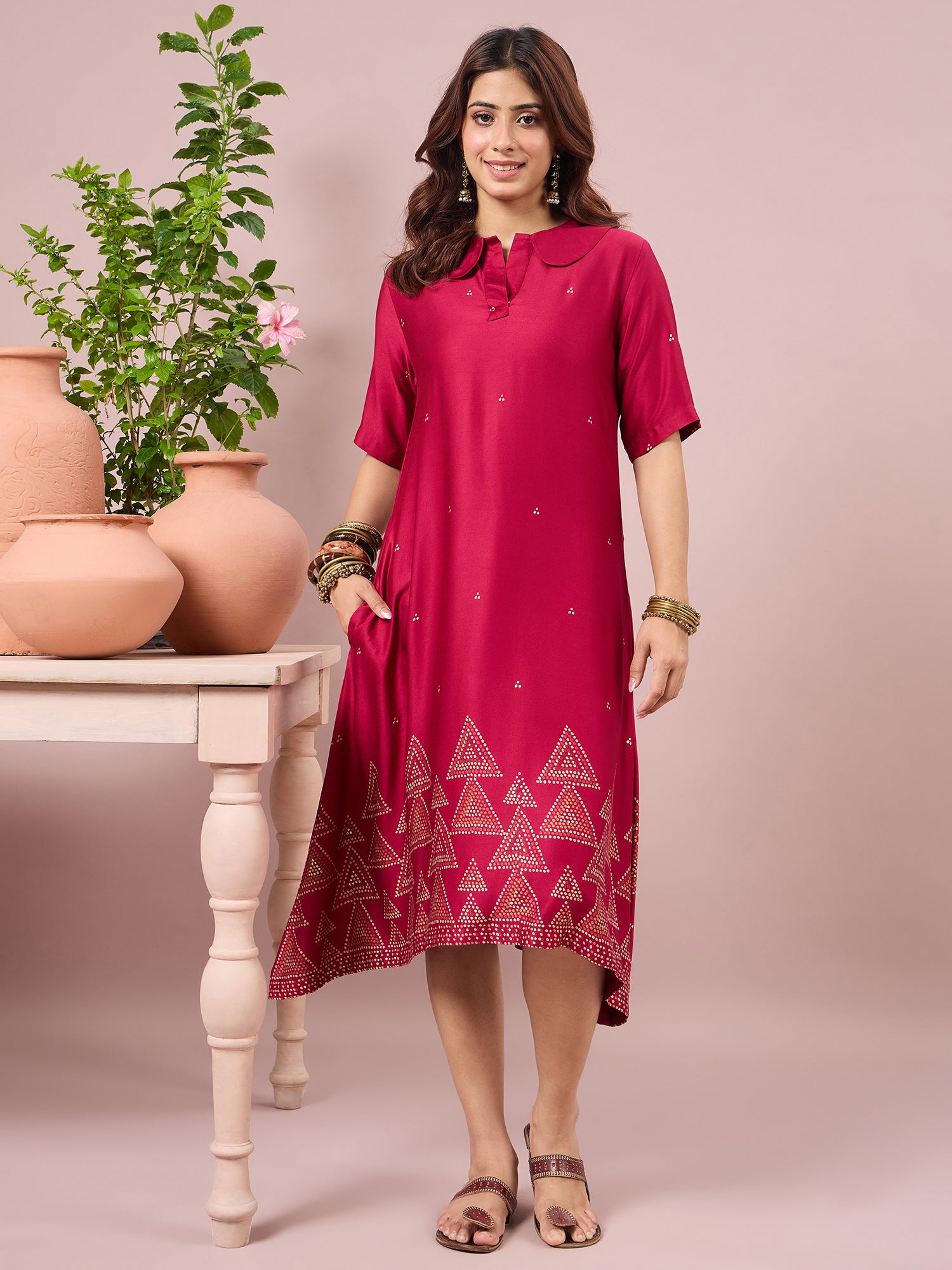 Magenta Dot Border Peter Pan Collar Dress