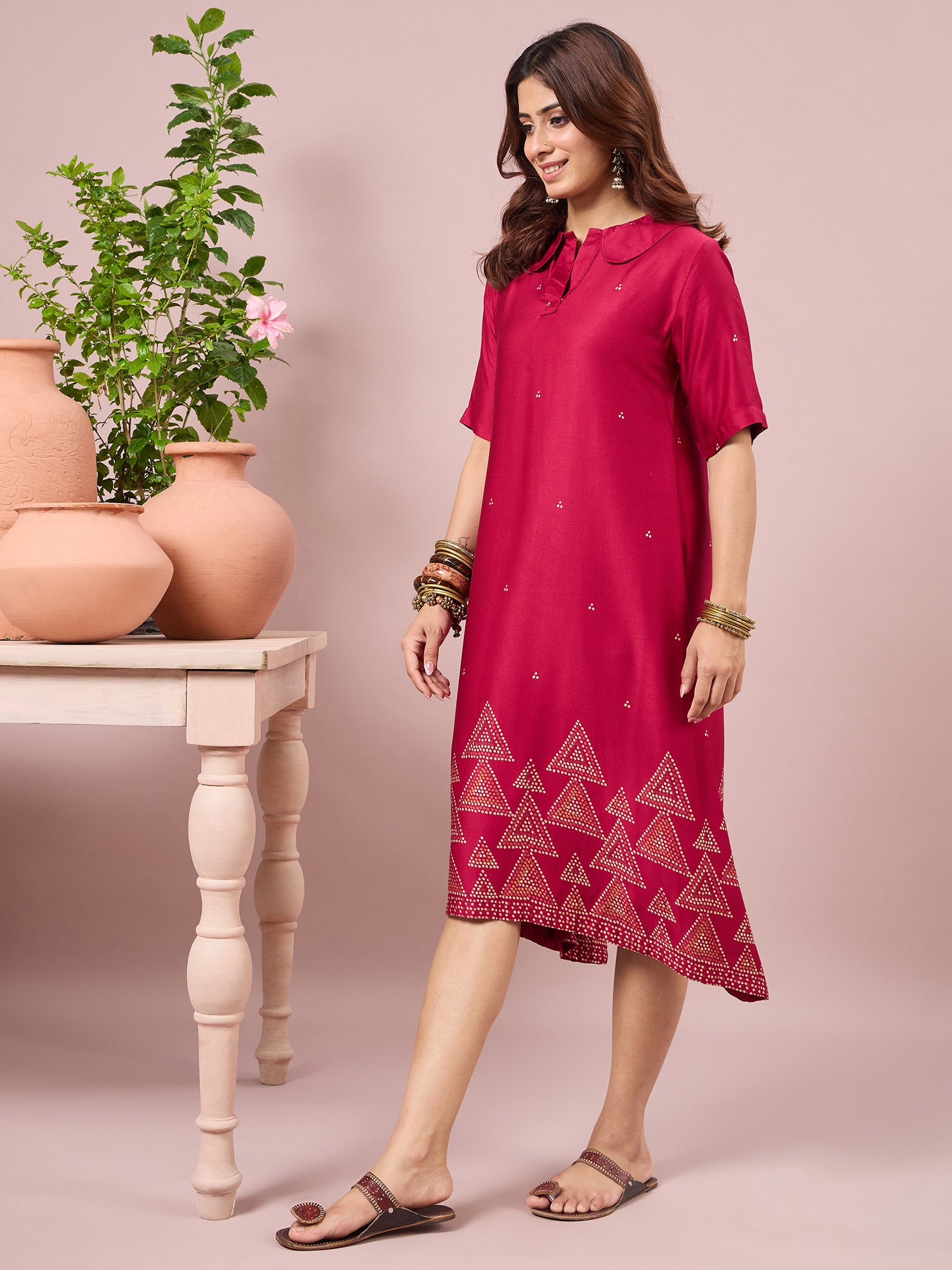 Magenta Dot Border Peter Pan Collar Dress