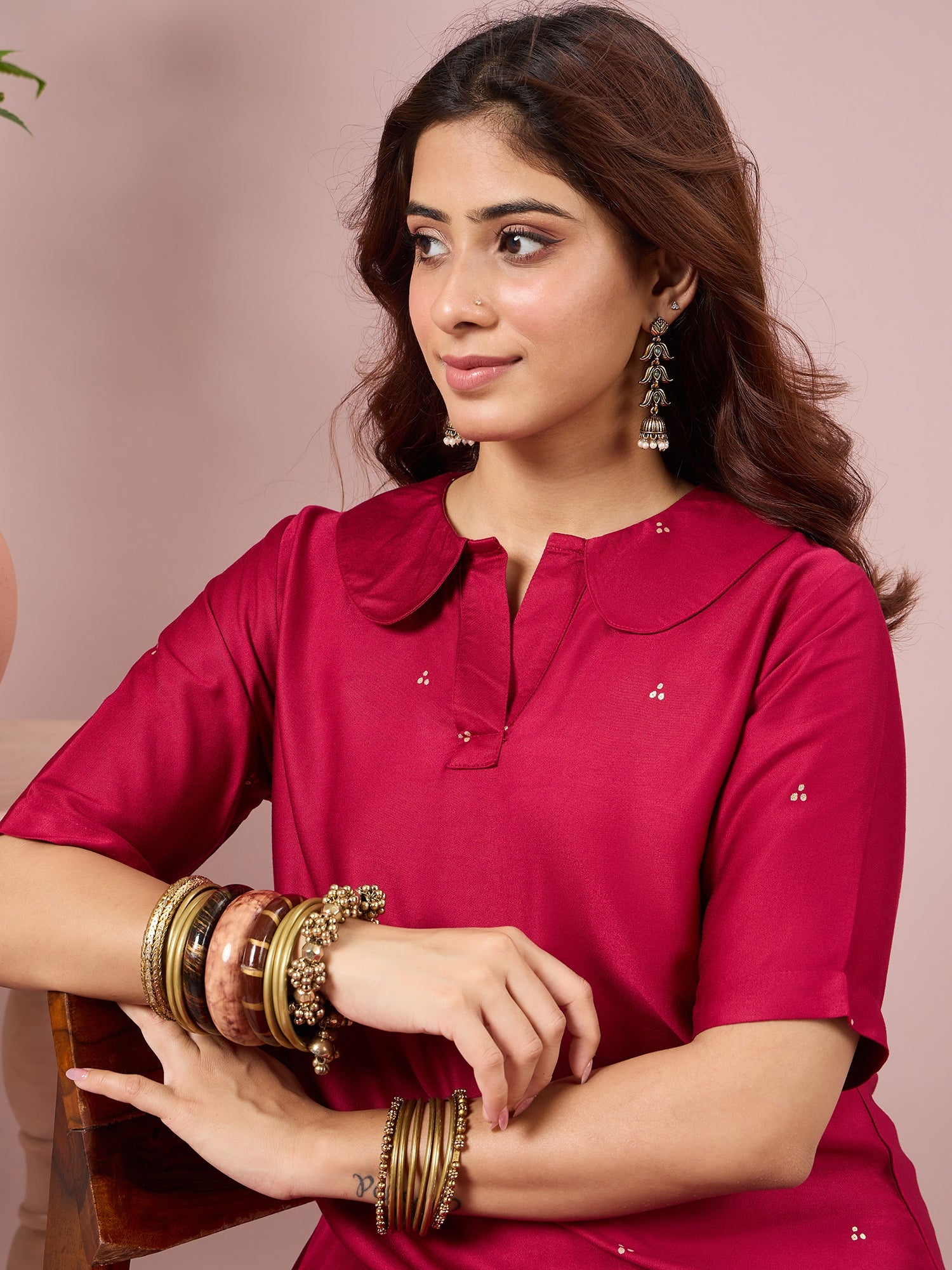 Magenta Dot Border Peter Pan Collar Dress