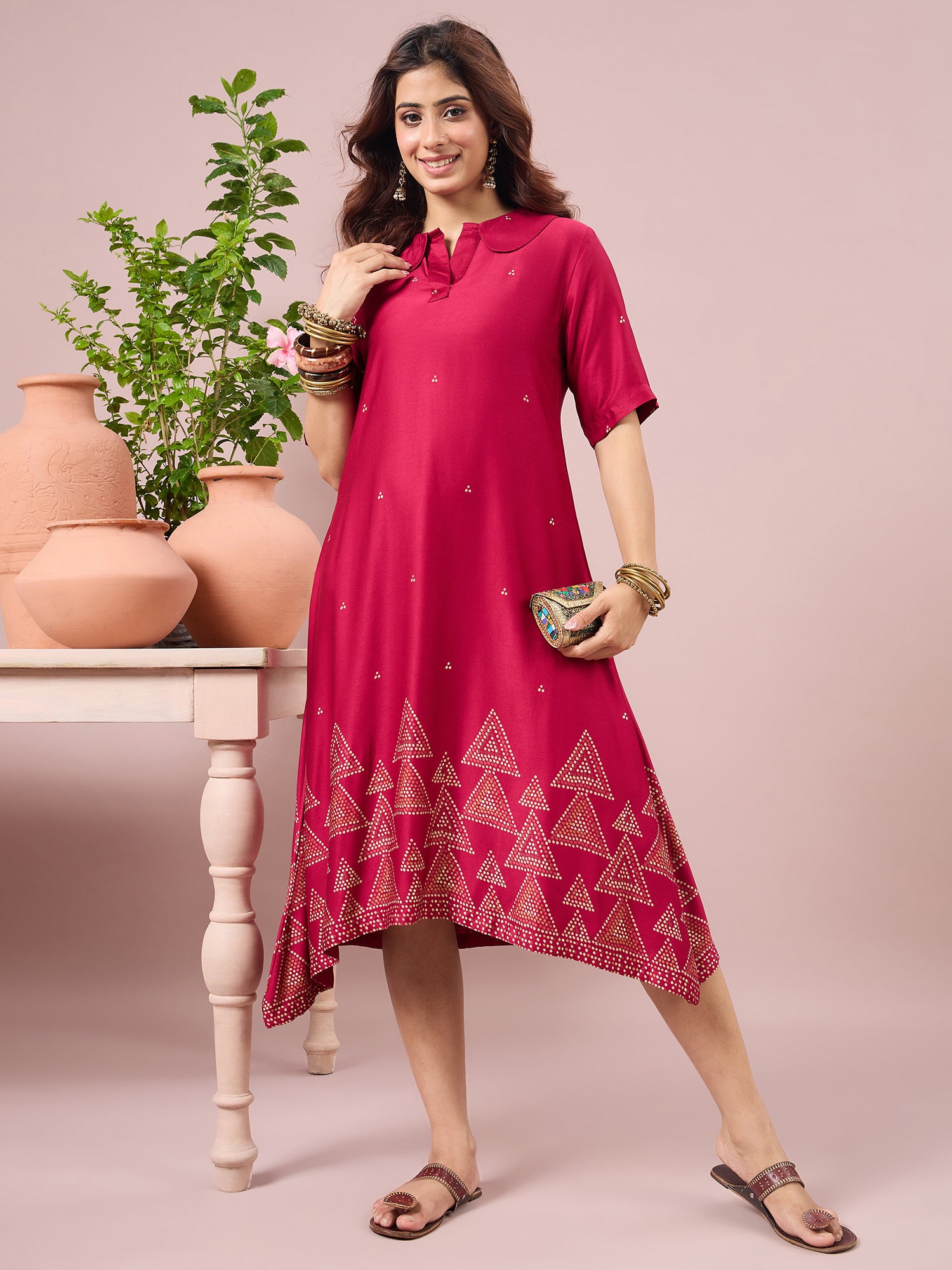 Magenta Dot Border Peter Pan Collar Dress