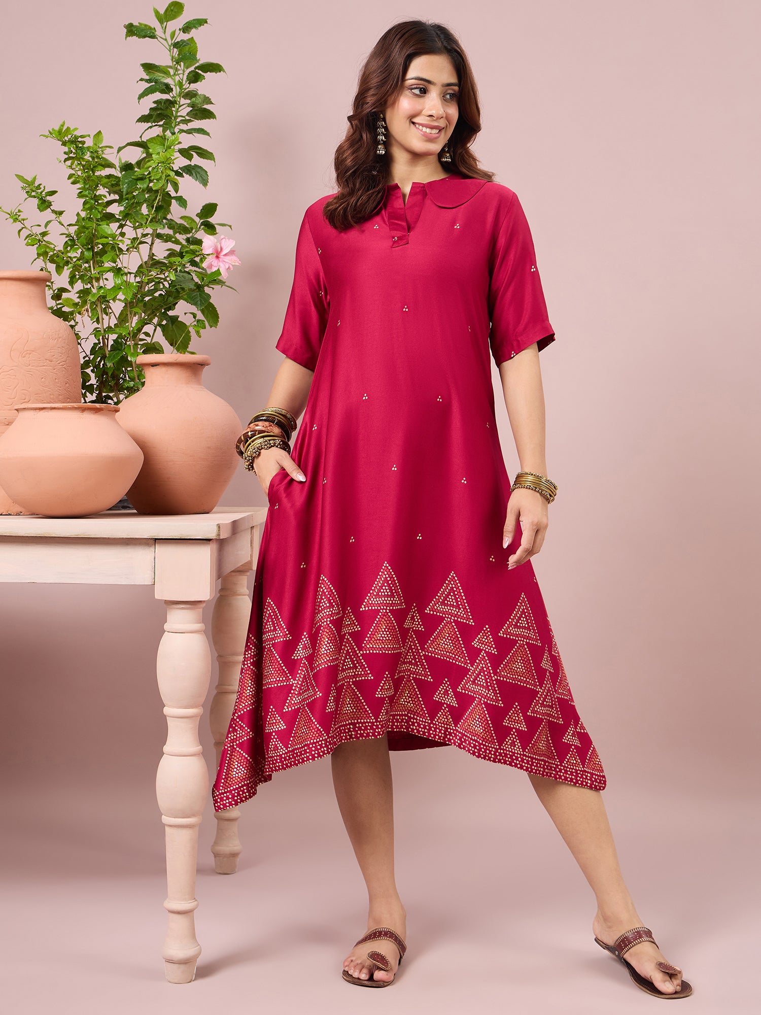 Magenta Dot Border Peter Pan Collar Dress
