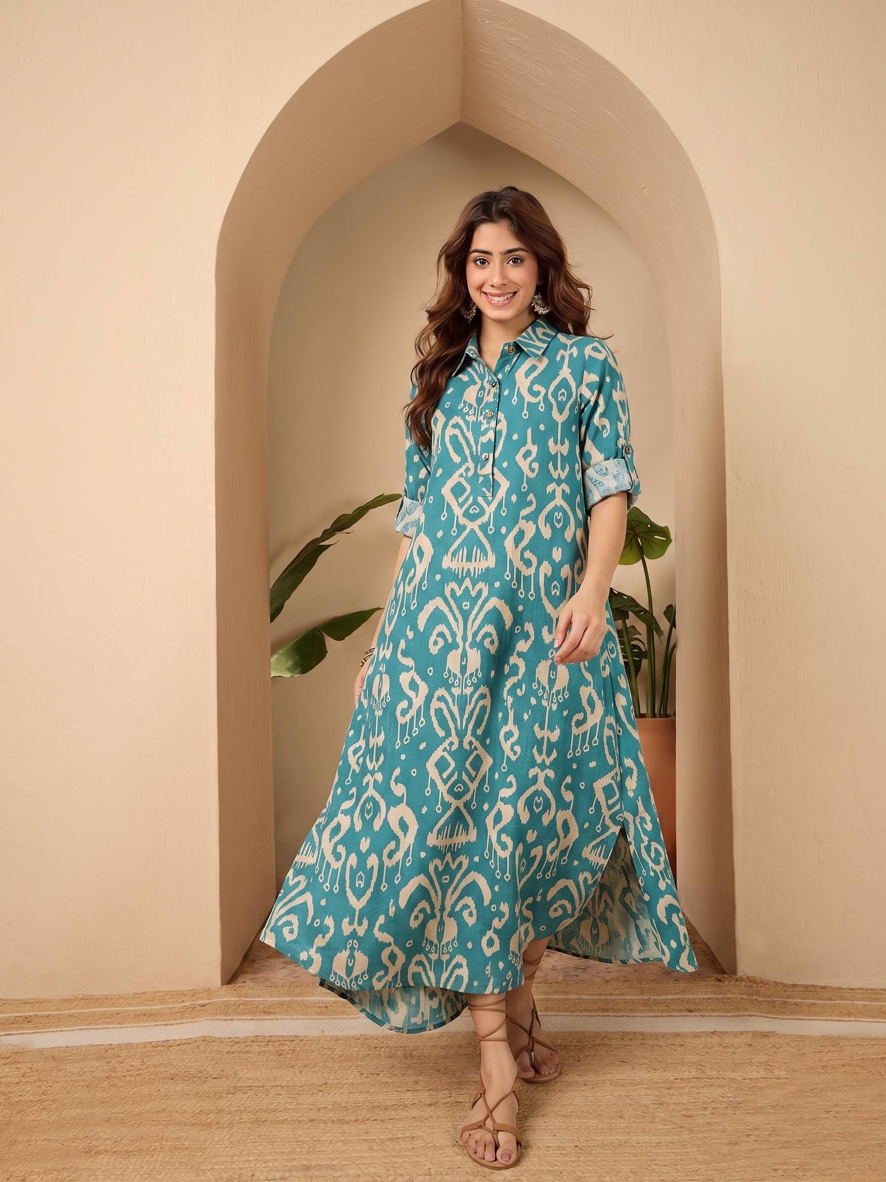 Teal Damask Shirt Collar Long Dress (To be dispatched in 7 -10 days)