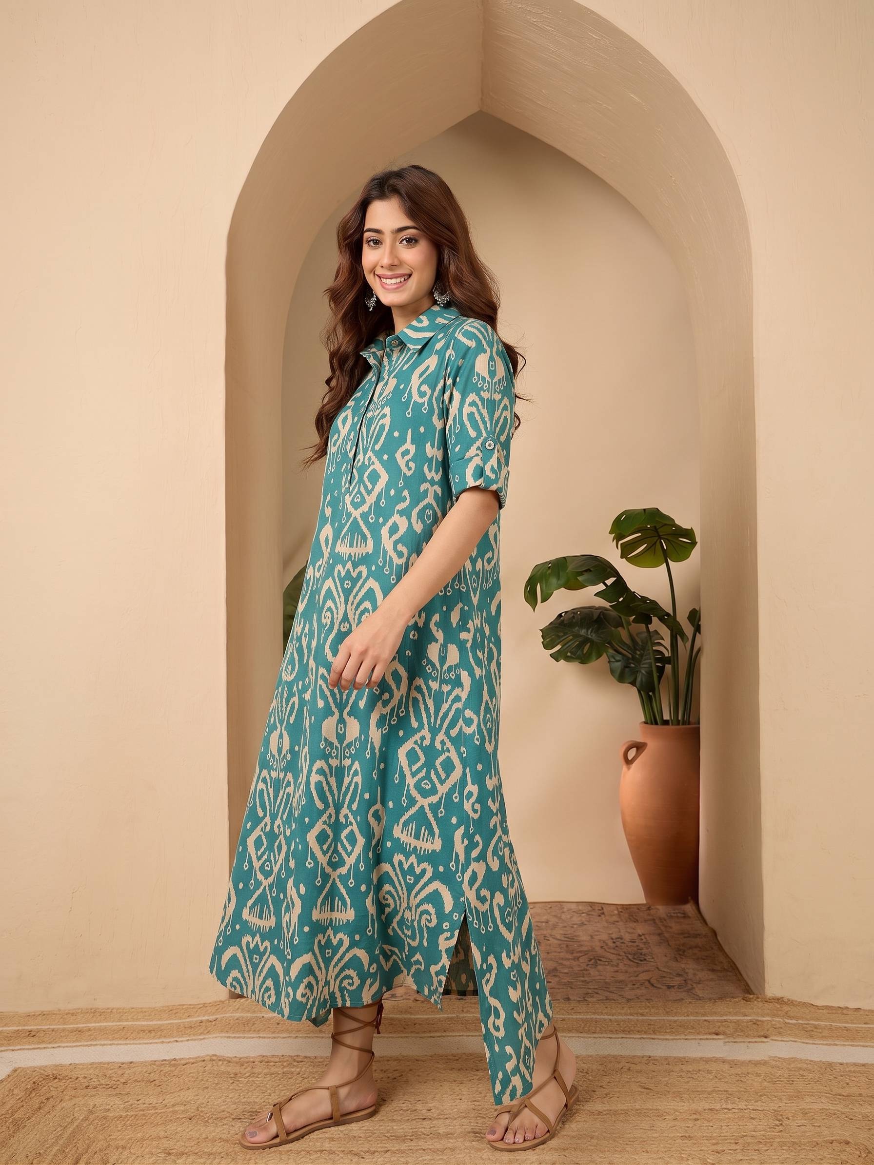 Teal Damask Shirt Collar Long Dress (To be dispatched in 7 -10 days)