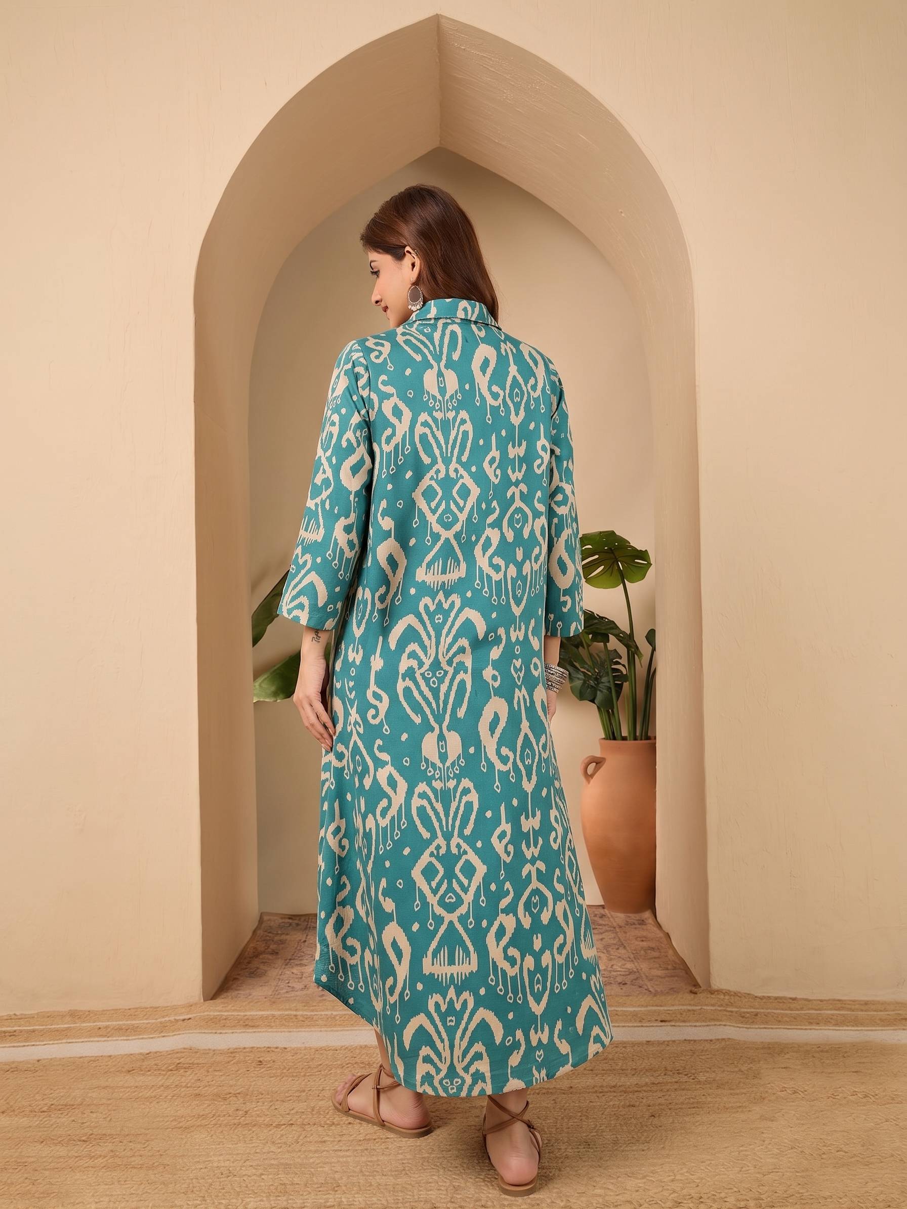 Teal Damask Shirt Collar Long Dress (To be dispatched in 7 -10 days)