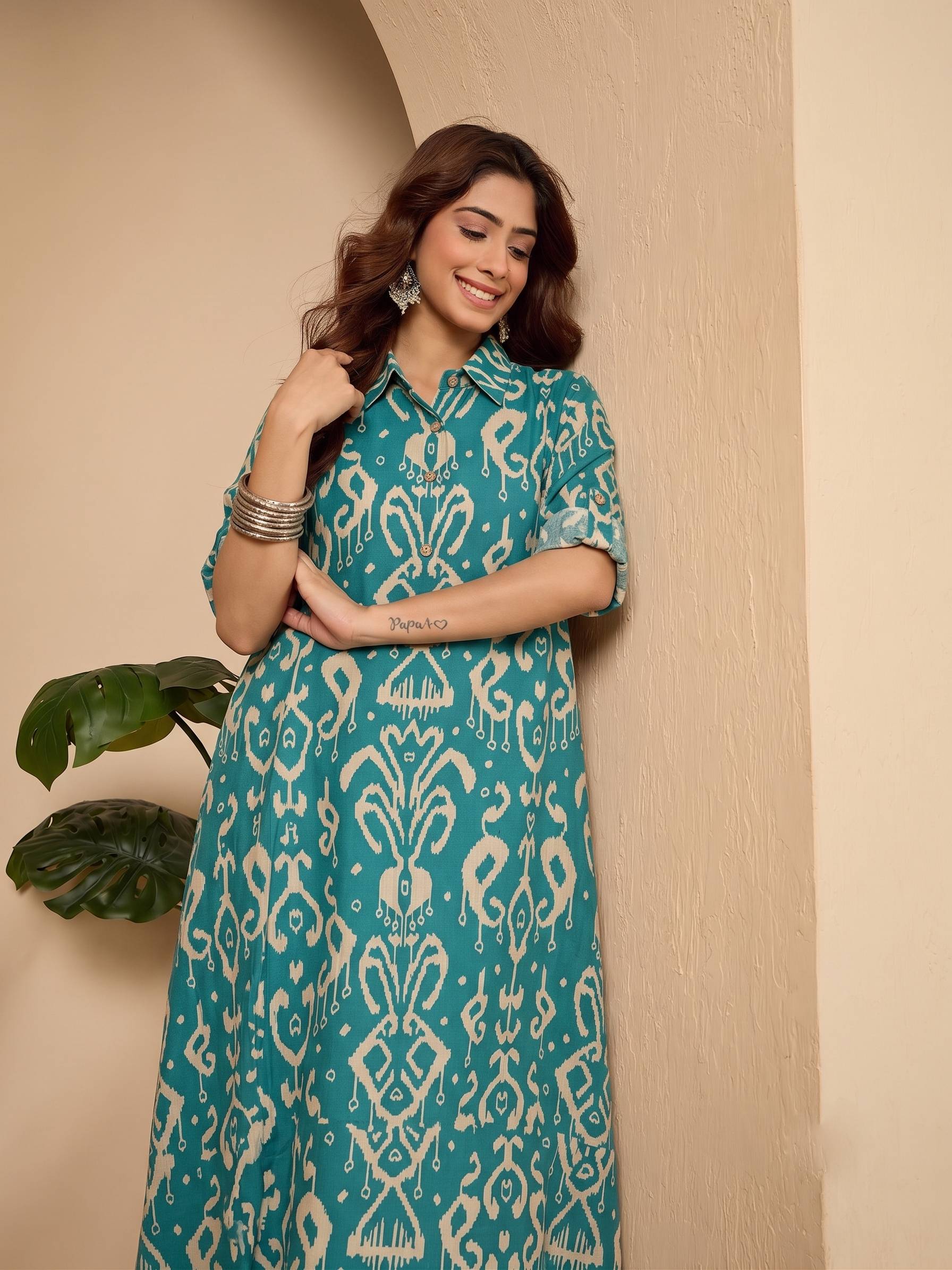 Teal Damask Shirt Collar Long Dress (To be dispatched in 7 -10 days)