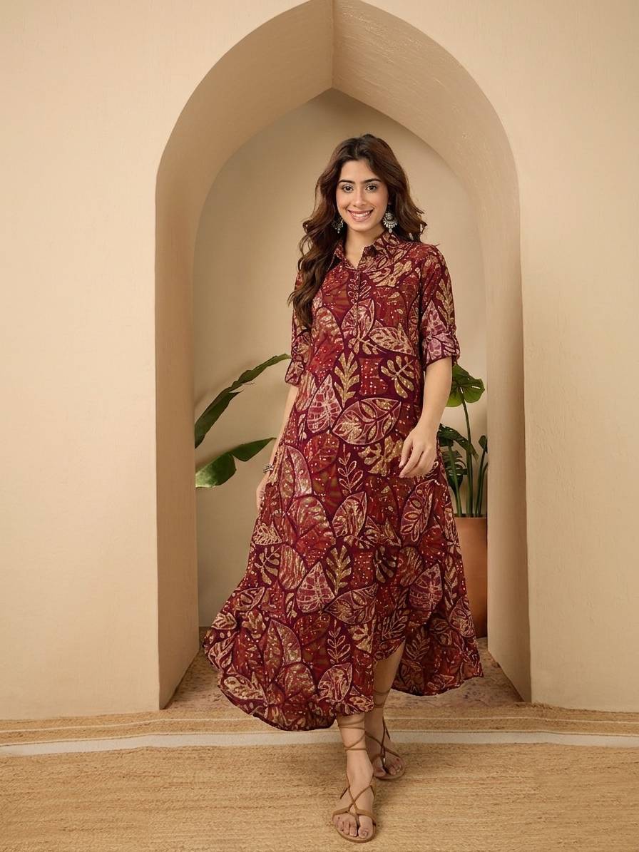 Wine Maroon Leaf Shirt Collar Long Dress (To be dispatched in 7 -10 days)