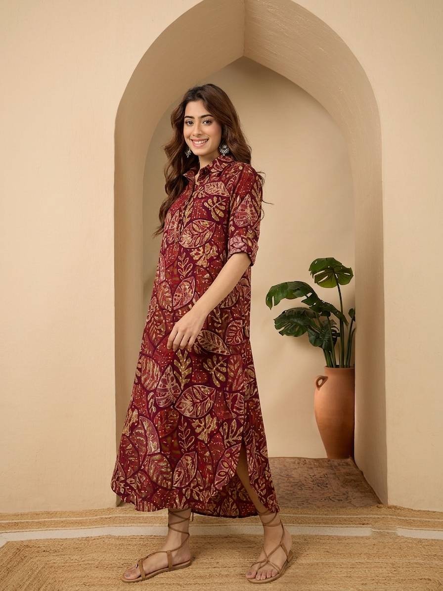 Wine Maroon Leaf Shirt Collar Long Dress (To be dispatched in 7 -10 days)