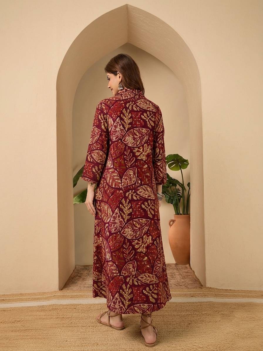 Wine Maroon Leaf Shirt Collar Long Dress (To be dispatched in 7 -10 days)