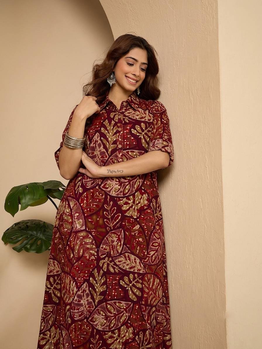 Wine Maroon Leaf Shirt Collar Long Dress (To be dispatched in 7 -10 days)