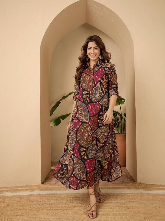 Black Grey Leaf Shirt Collar Long Dress (To be dispatched in 7 -10 days)