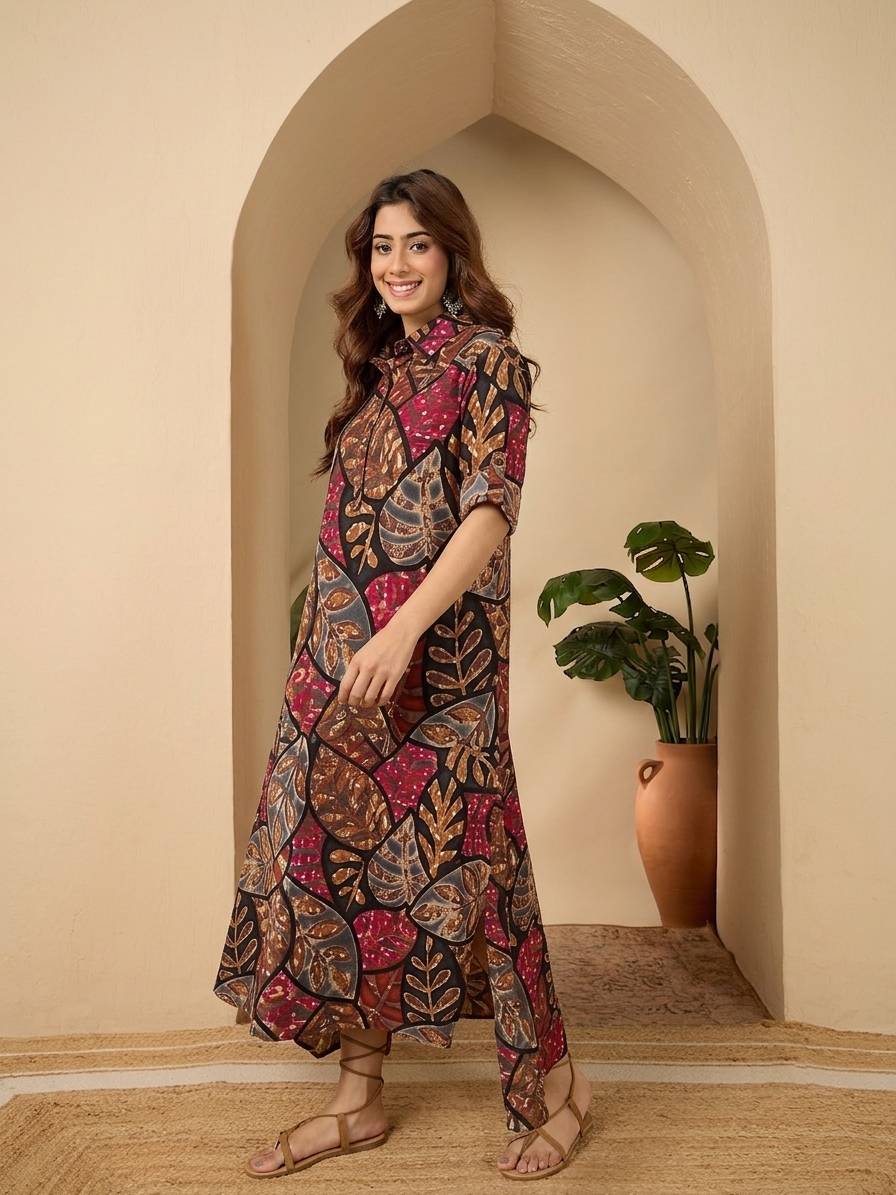 Black Grey Leaf Shirt Collar Long Dress (To be dispatched in 7 -10 days)