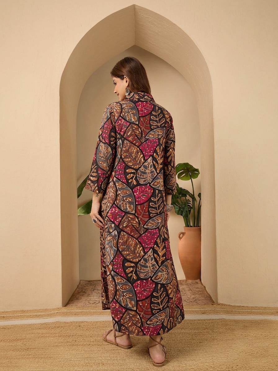 Black Grey Leaf Shirt Collar Long Dress (To be dispatched in 7 -10 days)