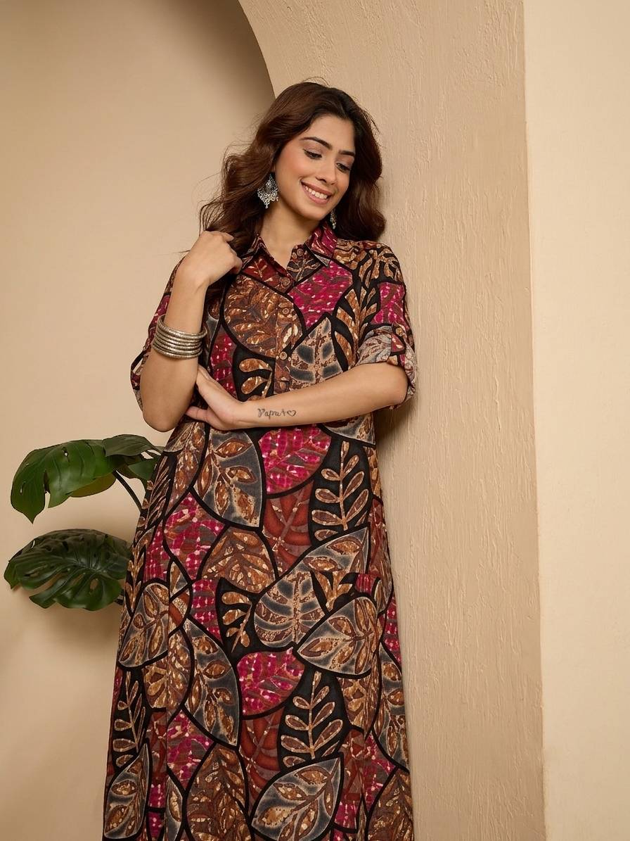 Black Grey Leaf Shirt Collar Long Dress (To be dispatched in 7 -10 days)