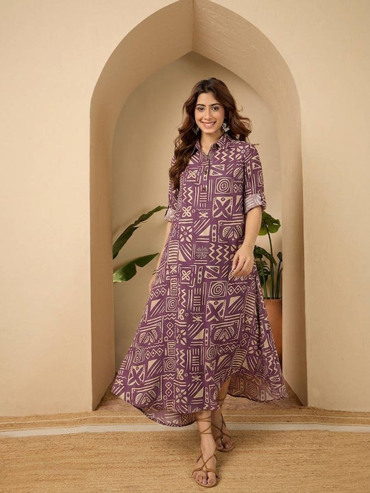 Dusty Mauve Ethnic Shirt Collar Long Dress (To be dispatched in 7 -10 days)