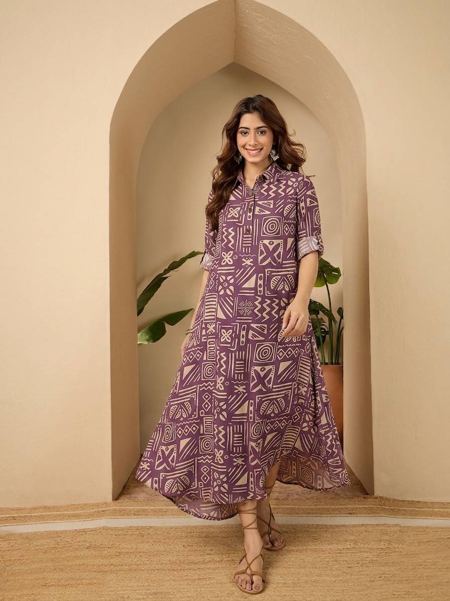 Dusty Mauve Ethnic Shirt Collar Long Dress (To be dispatched in 7 -10 days)