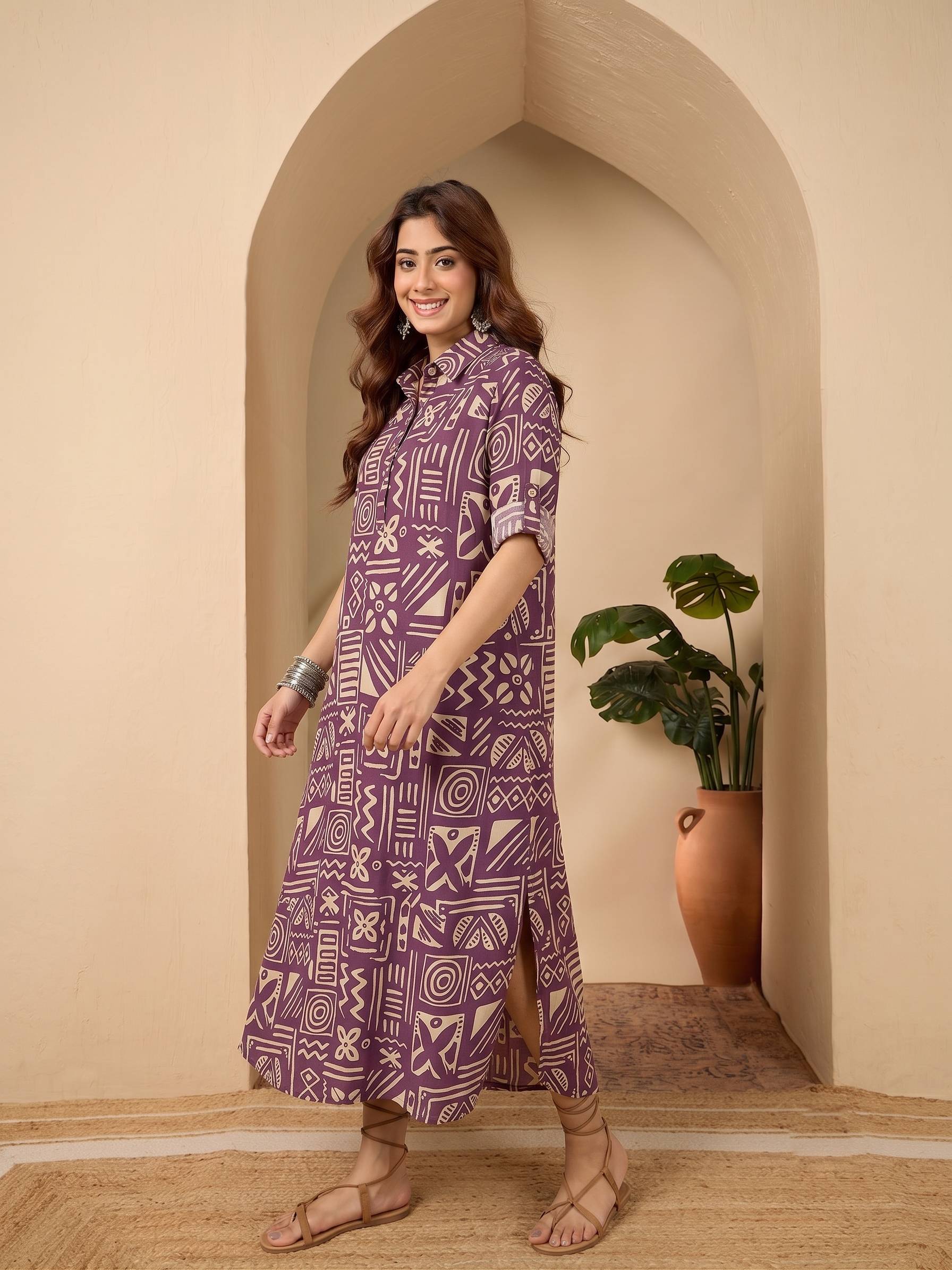 Dusty Mauve Ethnic Shirt Collar Long Dress (To be dispatched in 7 -10 days)