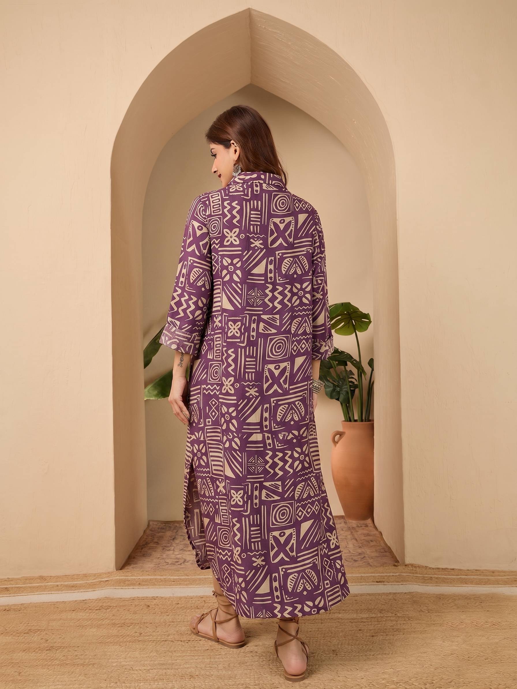 Dusty Mauve Ethnic Shirt Collar Long Dress (To be dispatched in 7 -10 days)