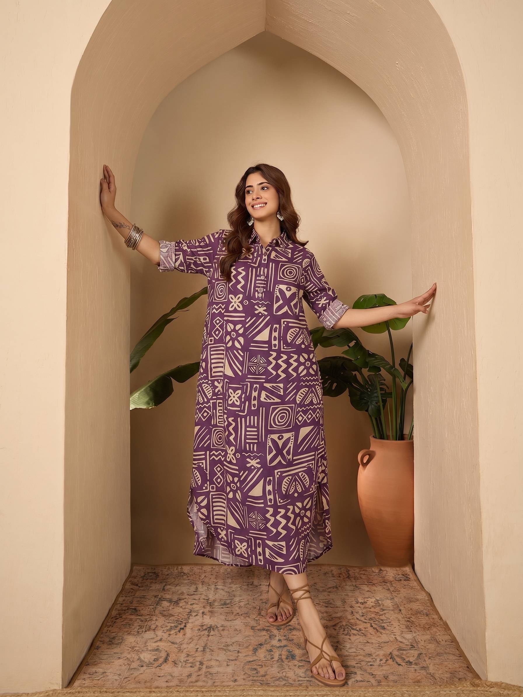 Dusty Mauve Ethnic Shirt Collar Long Dress (To be dispatched in 7 -10 days)