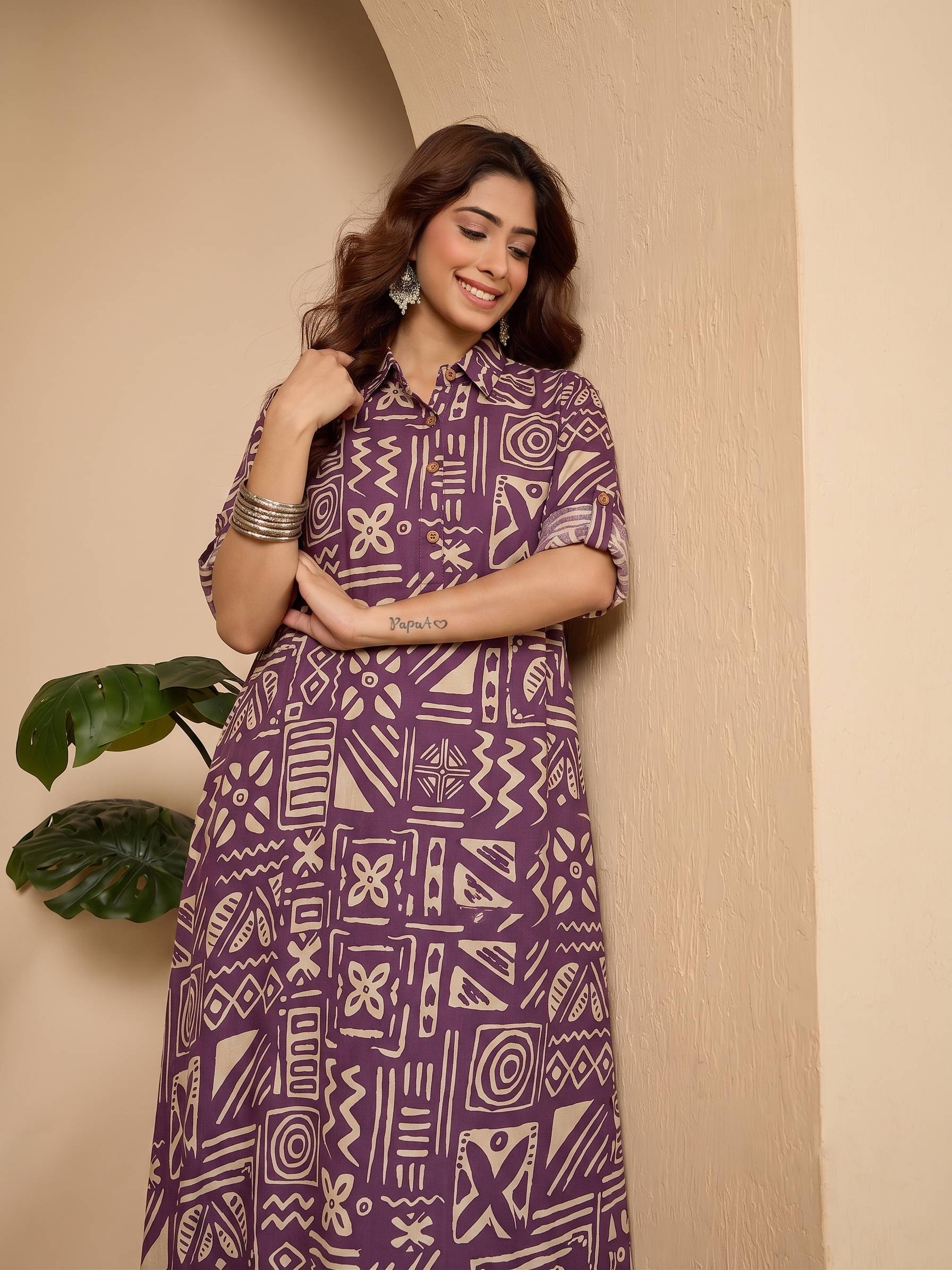 Dusty Mauve Ethnic Shirt Collar Long Dress (To be dispatched in 7 -10 days)