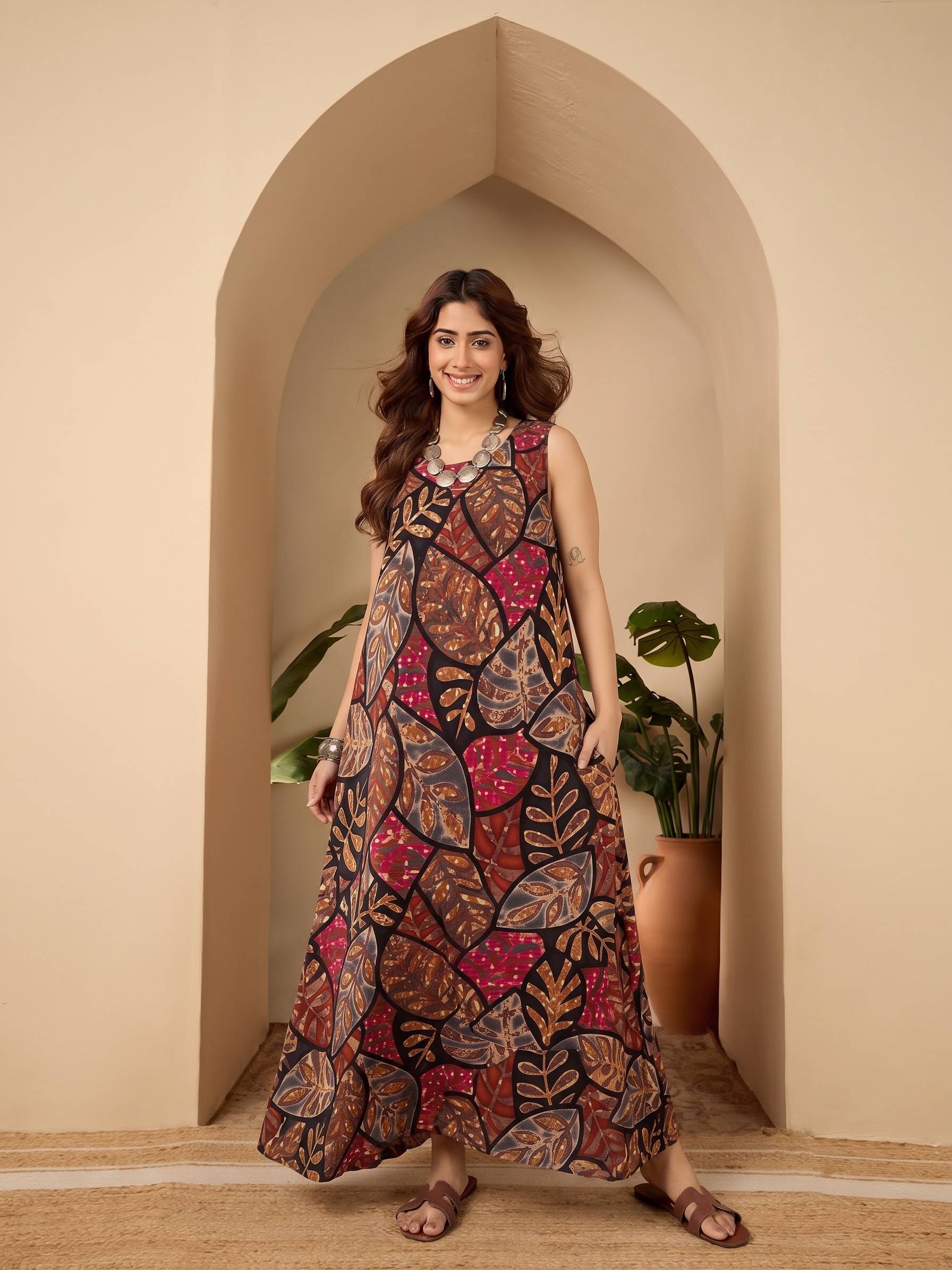 Black Grey Leaf Round Neck W/S Dress (To be dispatched in 7 -10 days)
