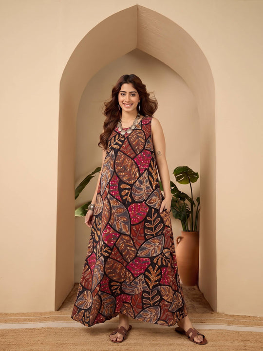 Black Grey Leaf Round Neck W/S Dress (To be dispatched in 7 -10 days)