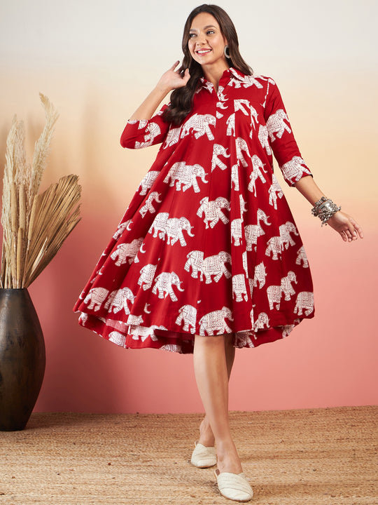 Red Elephant Flared Dress