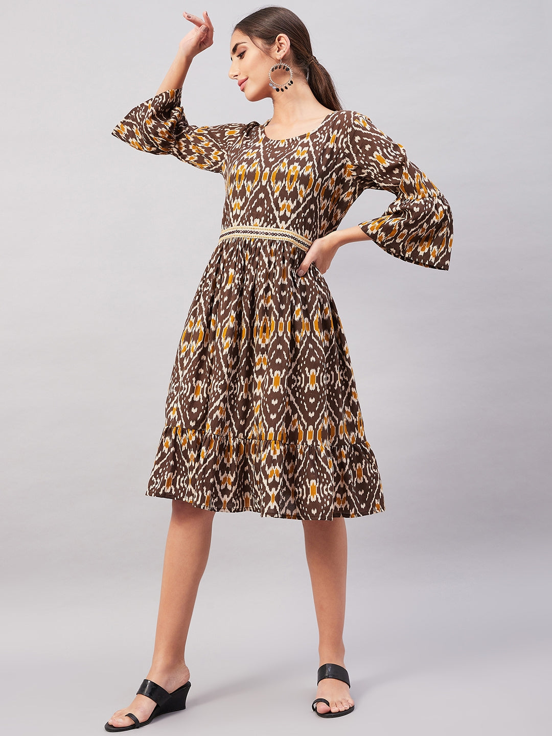 Brown Mustard Ikkat Print Short Dress