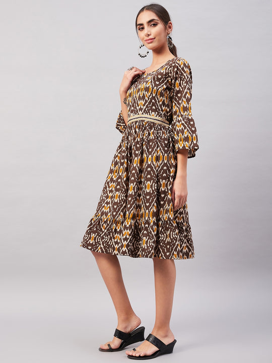 Brown Mustard Ikkat Print Short Dress
