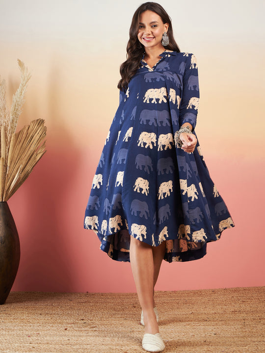 Blue Elephant Print Flared Dress