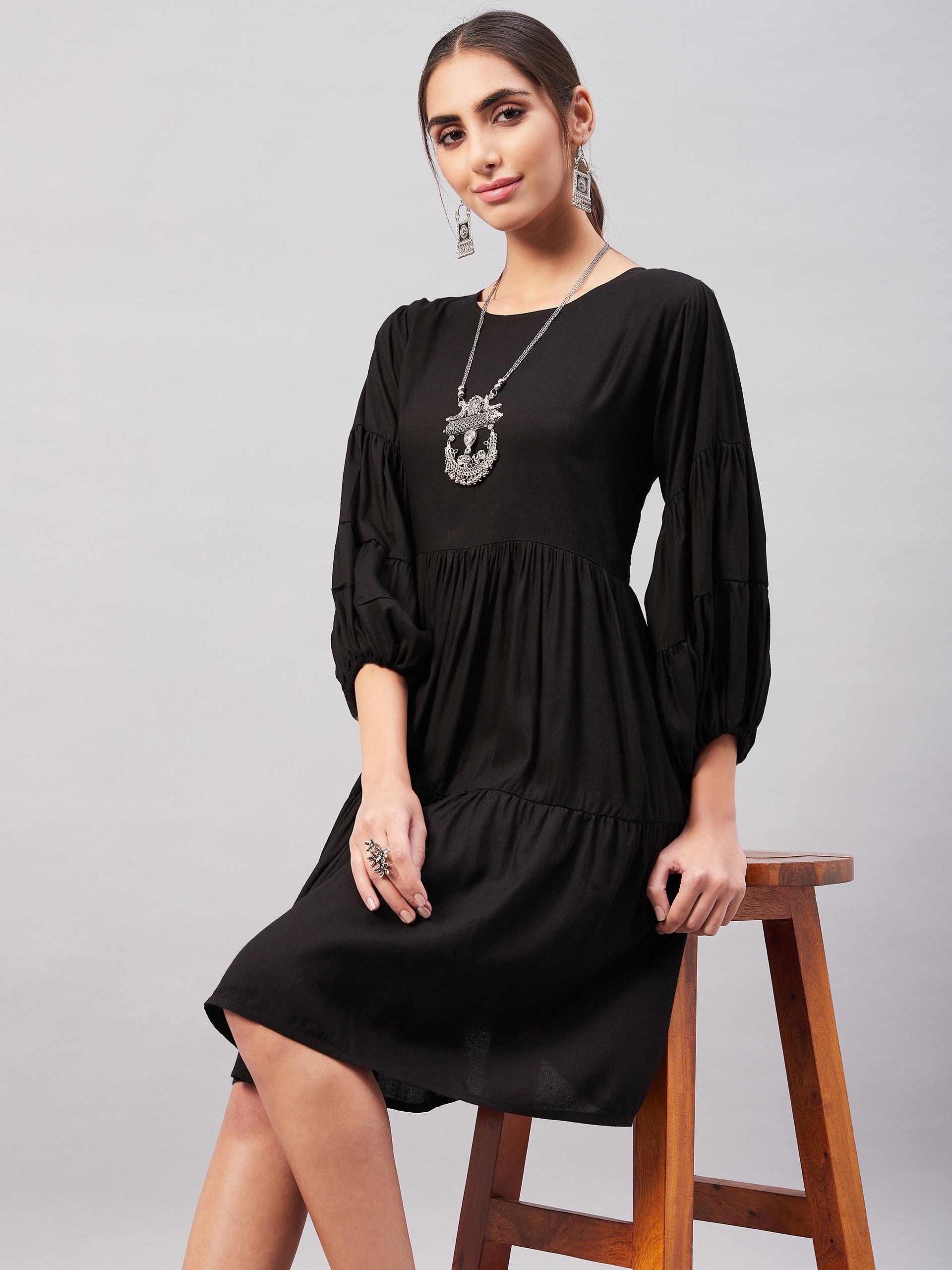Solid Black Flared Dress