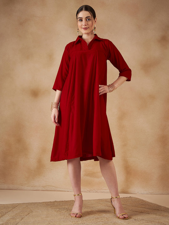 Red Velvet Collared Neck Flared Midi Dress