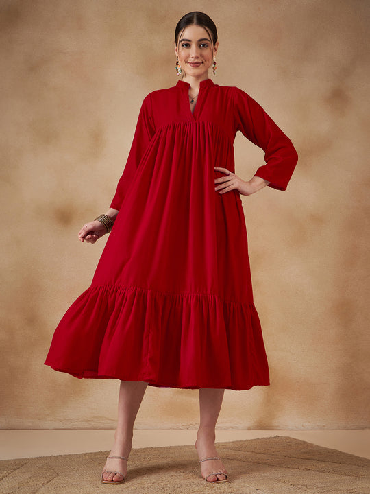 Red Velvet Manderia V Neck Flared Dress