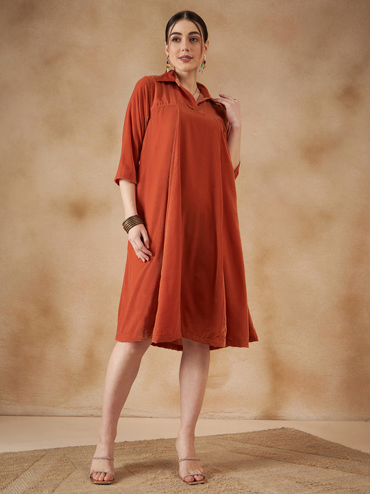 Rust Velvet Collared Neck Flared Midi Dress